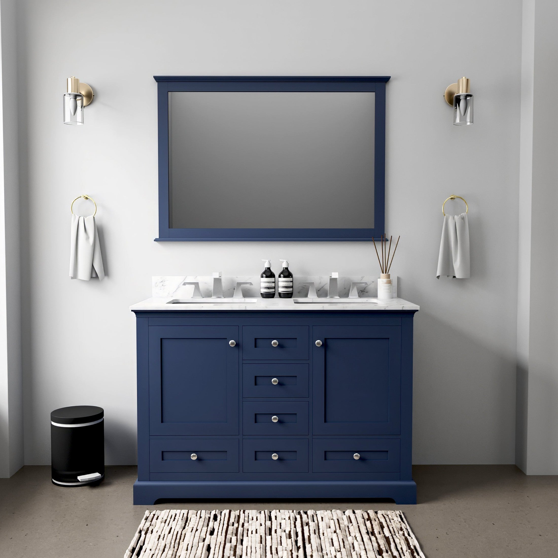 Navy Blue Double Bath Vanity 48 in. W x 22 in. D, with Carrara Marble Top