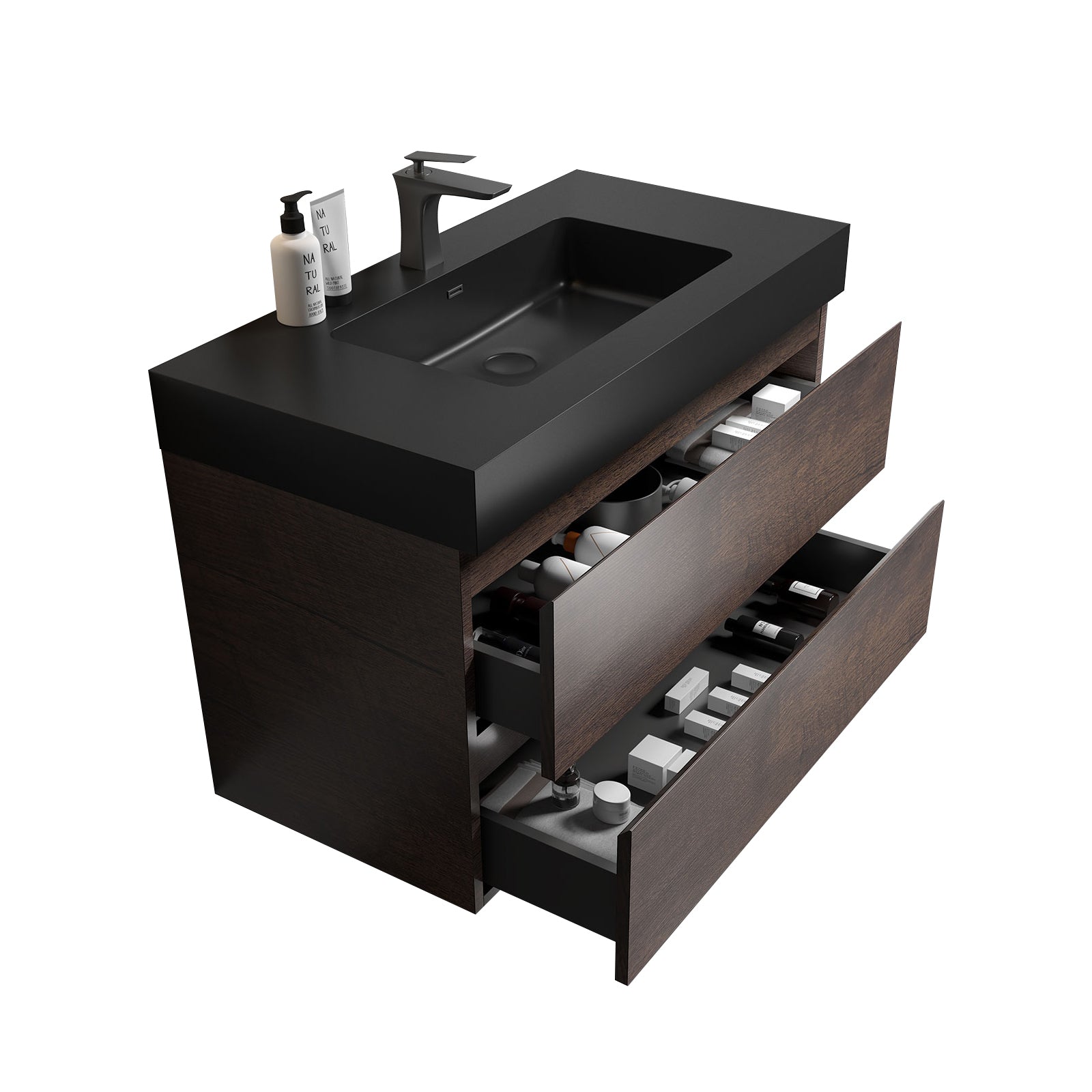 Alice 36' Walnut Bathroom Vanity with Black Sink Basin, Wall Mounted Floating Design, Pre-assembled