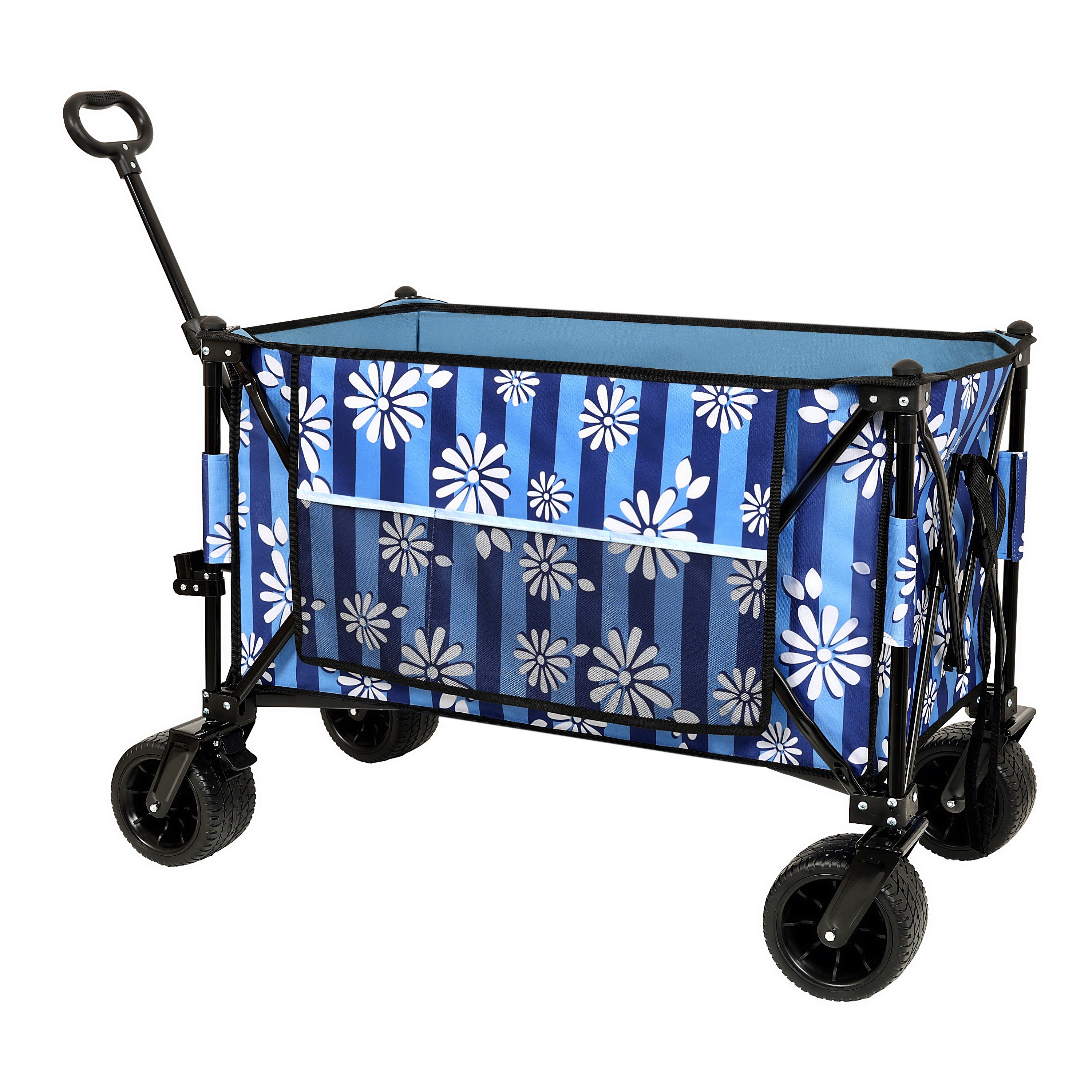 Collapsible Foldable Extended Wagon with 480lbs Weight Capacity, Heavy Duty Folding Utility Garden Cart with Big All-Terrain Beach Wheels & Drink Holders,Side Pocket and Brakes for Camping Sports