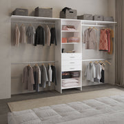 Plego 69'W - 118'W Drawers Closet System, Five Shelves, Four Hanging Rods, Three Drawers White