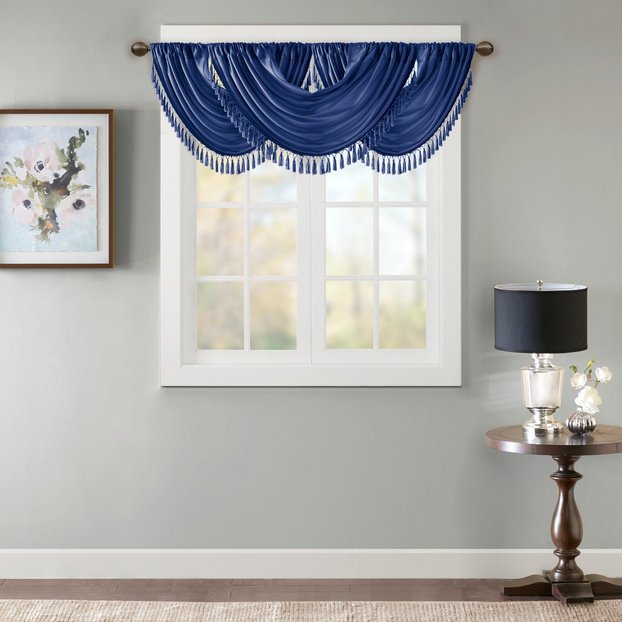 Faux Silk Waterfall Embellished Valance Navy 38x46'