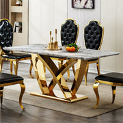 Marble Dining Table for 6 People, 70'' Rectangle Faux Marble Dining Table with Mirrored Finish Stainless Steel Base, Modern Large Size Marble Kitchen Table (Gold,Gray)(only table)