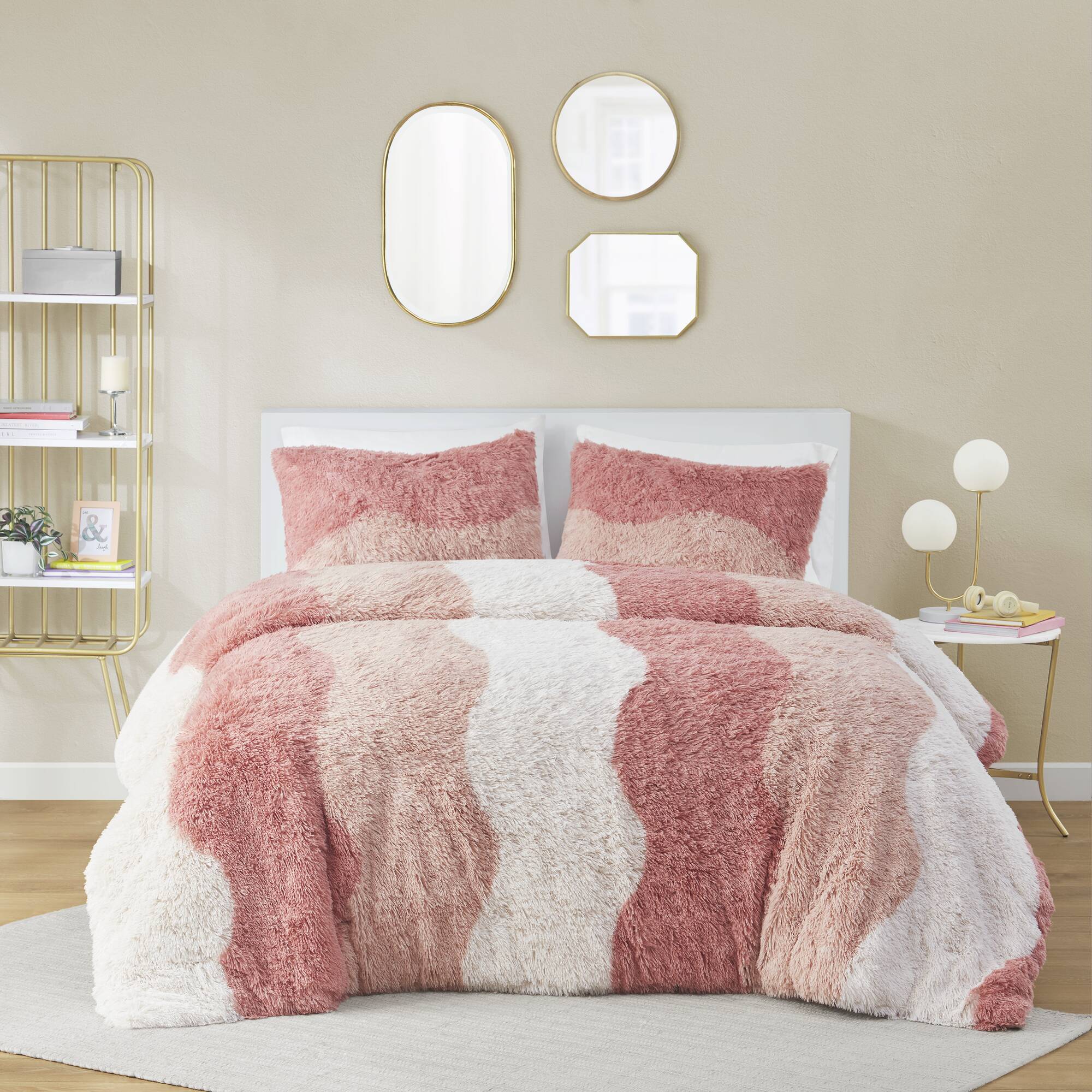 3 PCS Full/Queen Ombre Shaggy Faux Fur Duvet Cover Set Blush Multi