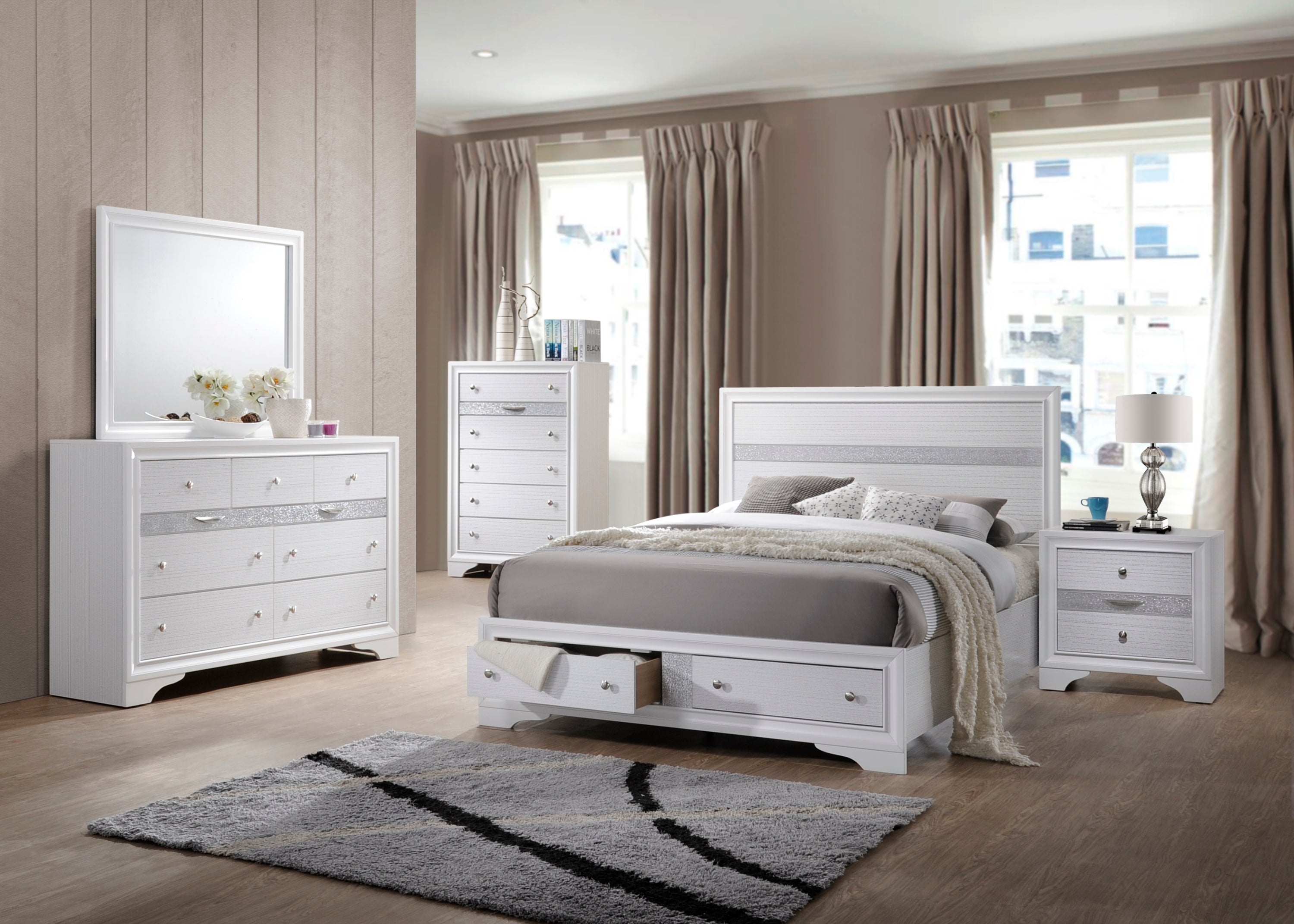 Traditional Style King 5pc Storage Bedroom Set made with Wood in White