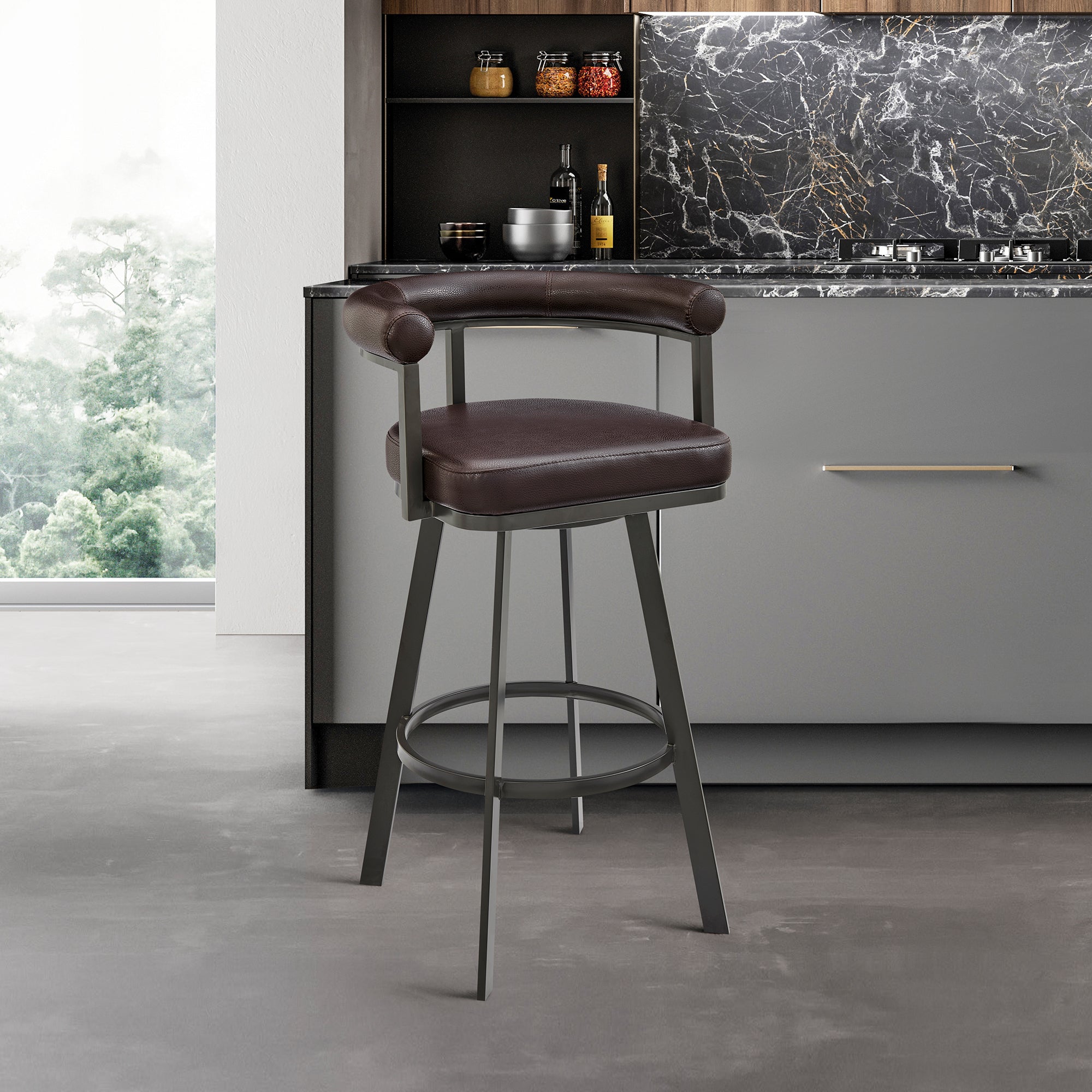 Magnolia Swivel Bar Stool in Brown Metal with Brown Faux Leather