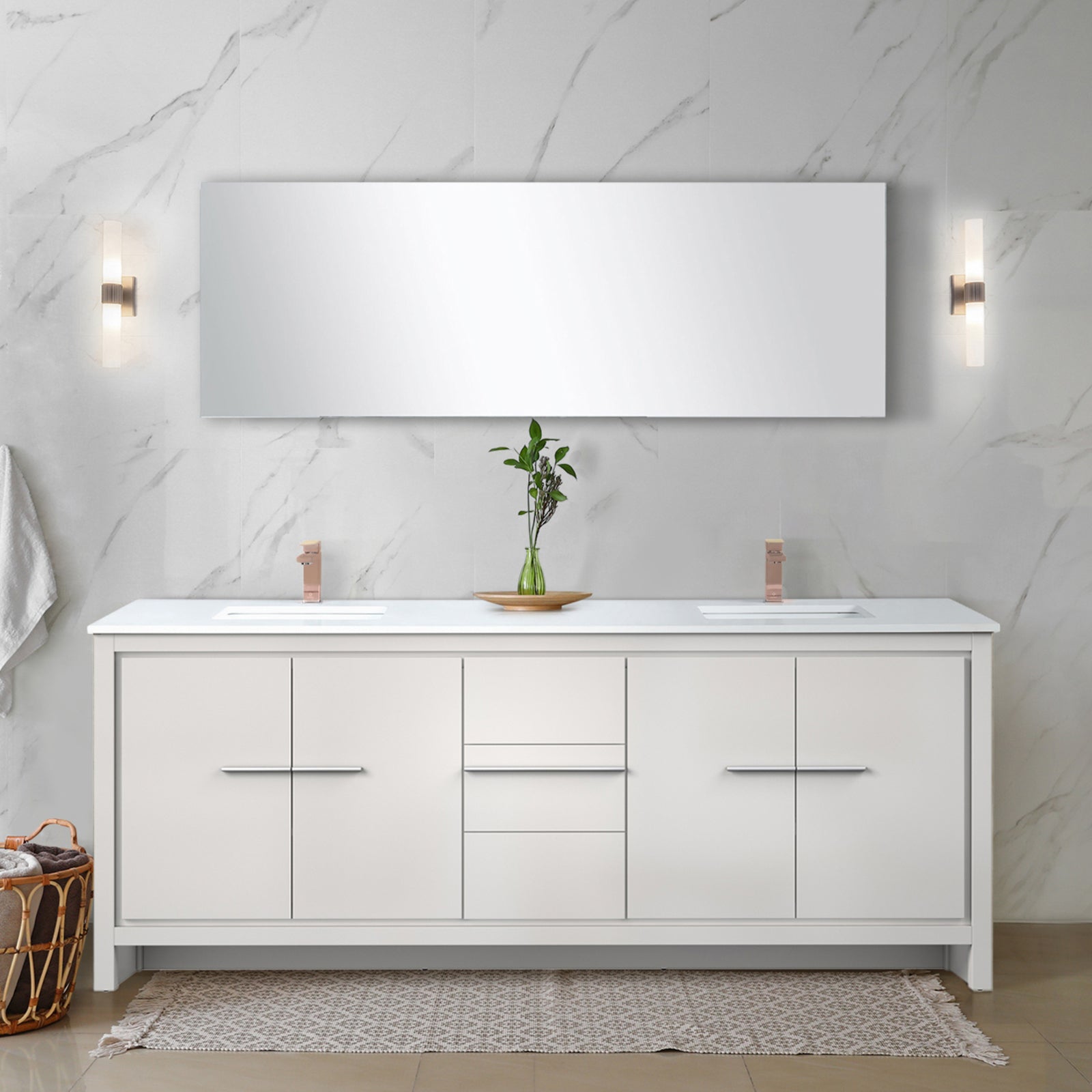 White Double Bath Vanity 80 in. W x 20 in. D, Cultured Marble Top and Rose Gold Faucet Set