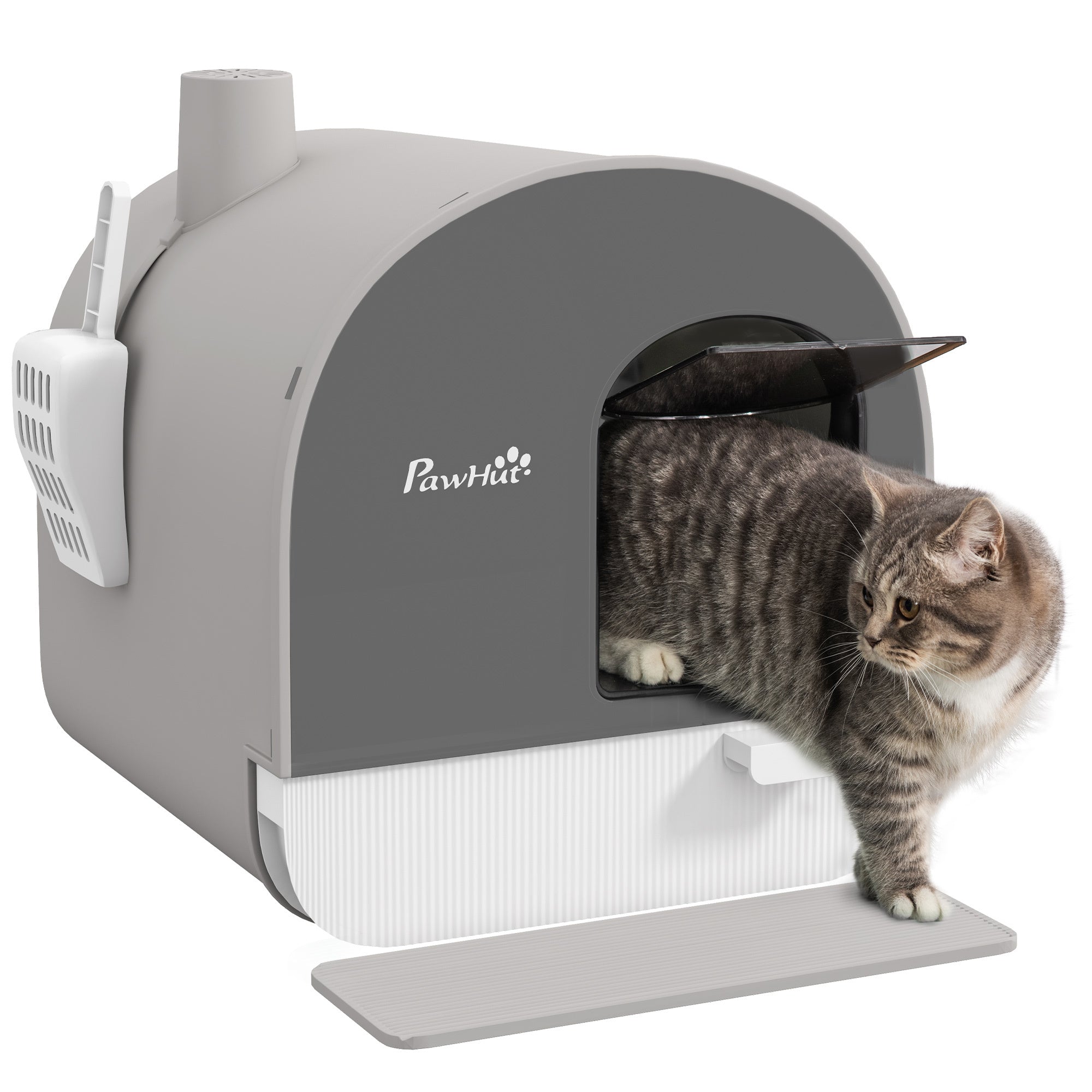 PawHut Cat Litter Box with Lid, Covered Litter Box for Indoor Cats with Tray, Scoop, Filter, 17' x 17' x 18.5', Light Gray
