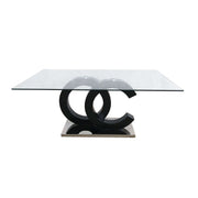 Contemporary Aston Dining Table with Glass Top and Matte Black Center, MDF and Steel, 71x39x30 Inches