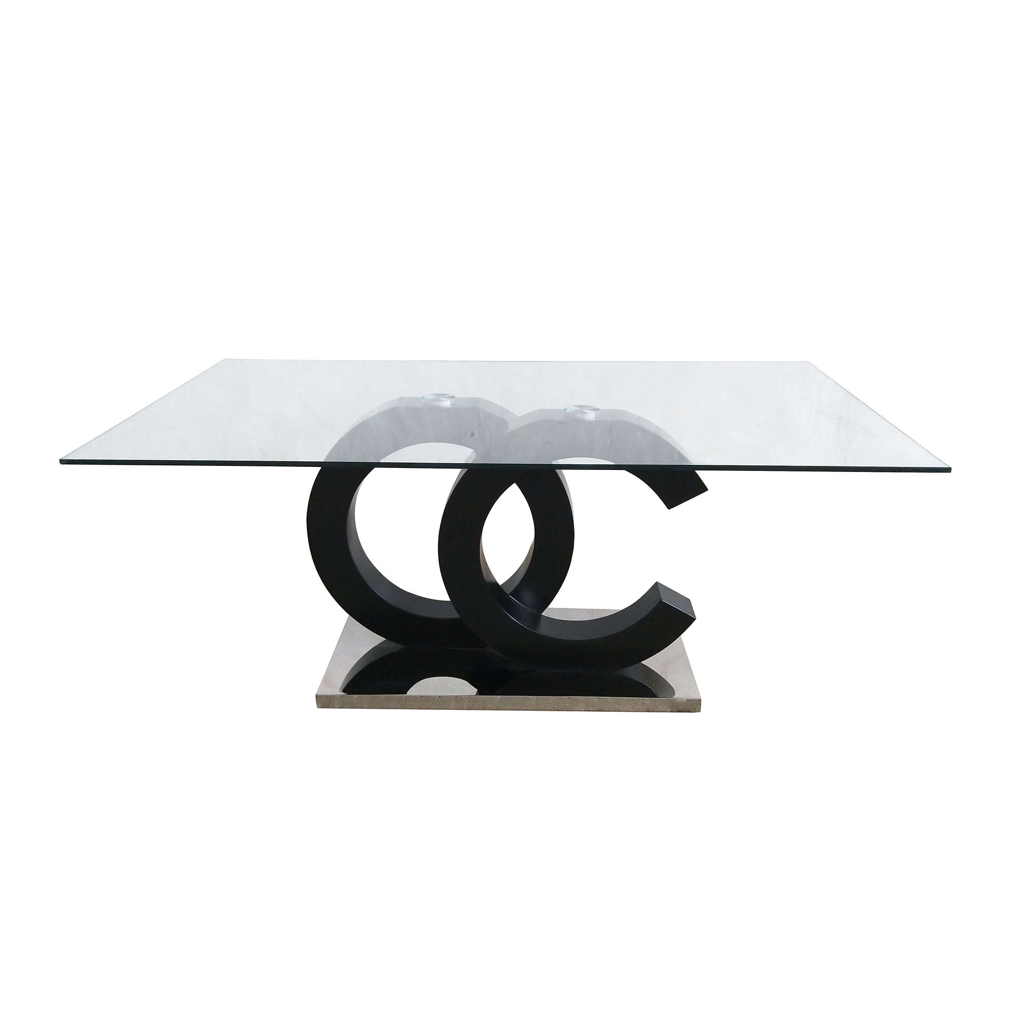 Contemporary Aston Dining Table with Glass Top and Matte Black Center, MDF and Steel, 71x39x30 Inches