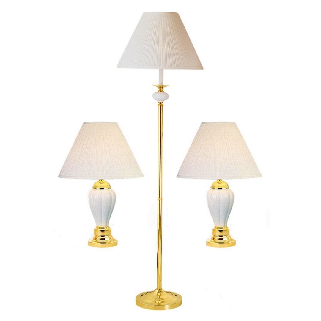 3-Piece Ceramic Lamp Set, Floor and Table Lamps, Ivory finish