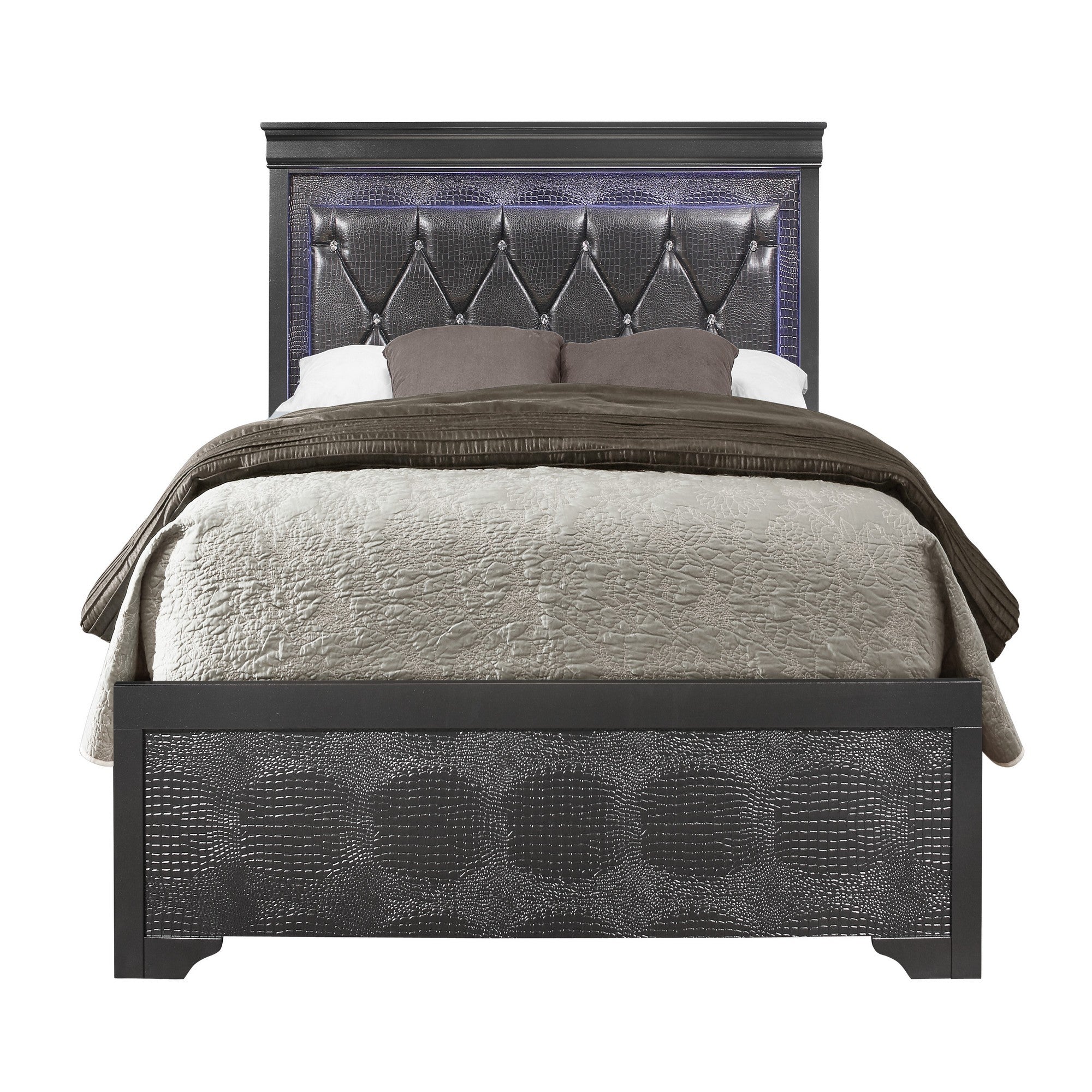 Shaker Grey King 5PC Bedroom Set with Tufted Headboard and LED Lighting in Solid Wood and MDF