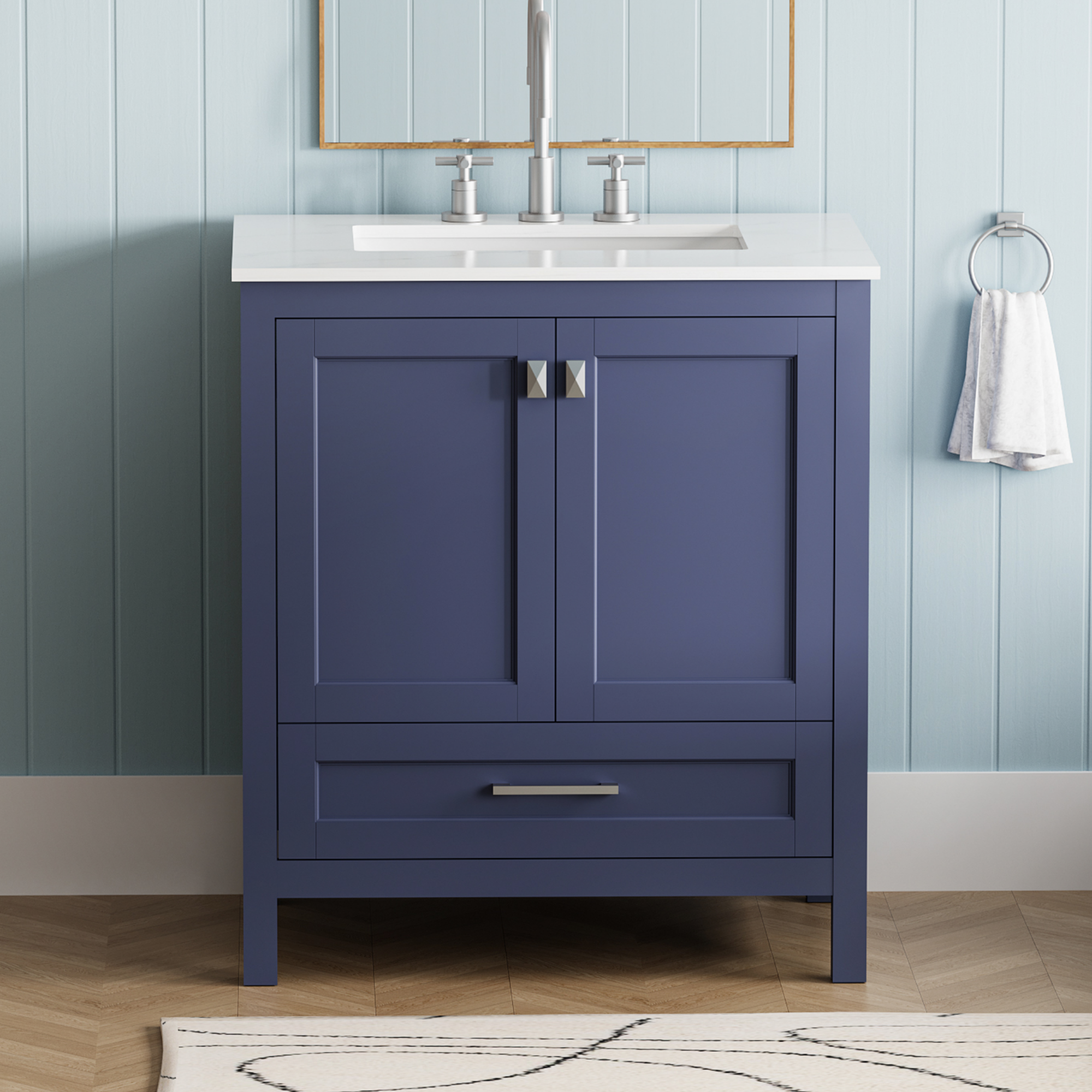 30' Freestanding Bathroom Vanity with Sink, Carrara Engineered Marble Vanity Top with Under-mounted Rectangular Ceramic Sink, Large Storage Soft-Close Door, Solid Wood Frame, Navy Blue 24V03-30NB