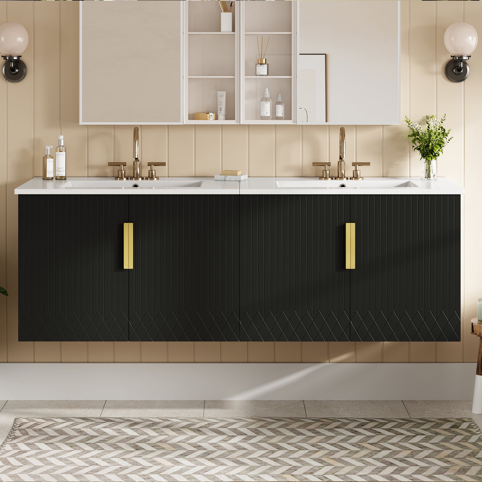 60' Vintage Bathroom Vanity Set with Ceramic Sink (Separate), with 3 Holes Single Ceramic Sink, Bathroom Storage Vanity Cabinet with Soft Closing Doors