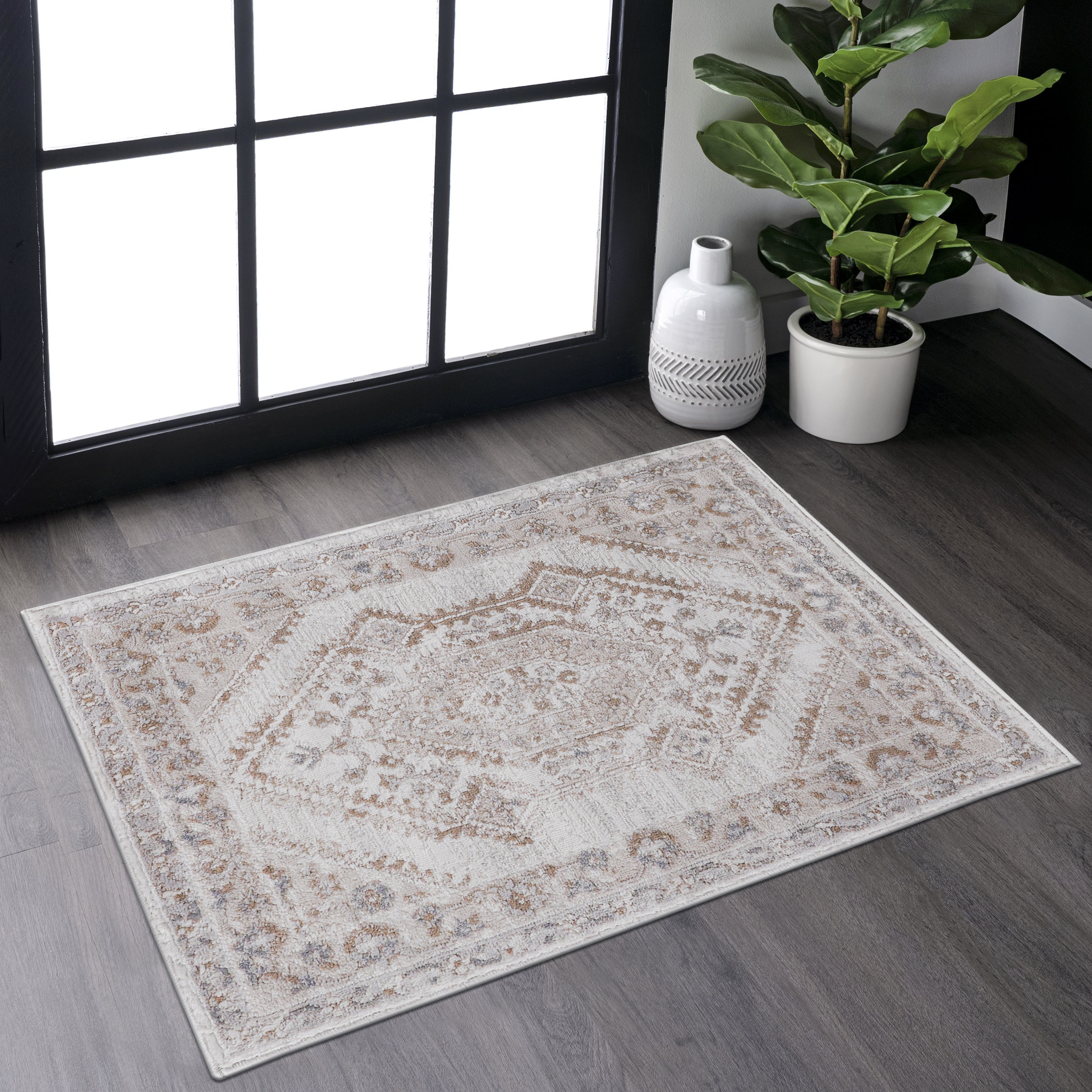 LOOM & LUXE Collection 2X3 Cream/Ivory/Bordered Non-Shedding Living Room Bedroom Dining Home Office Stylish and Stain Resistant Area Rug