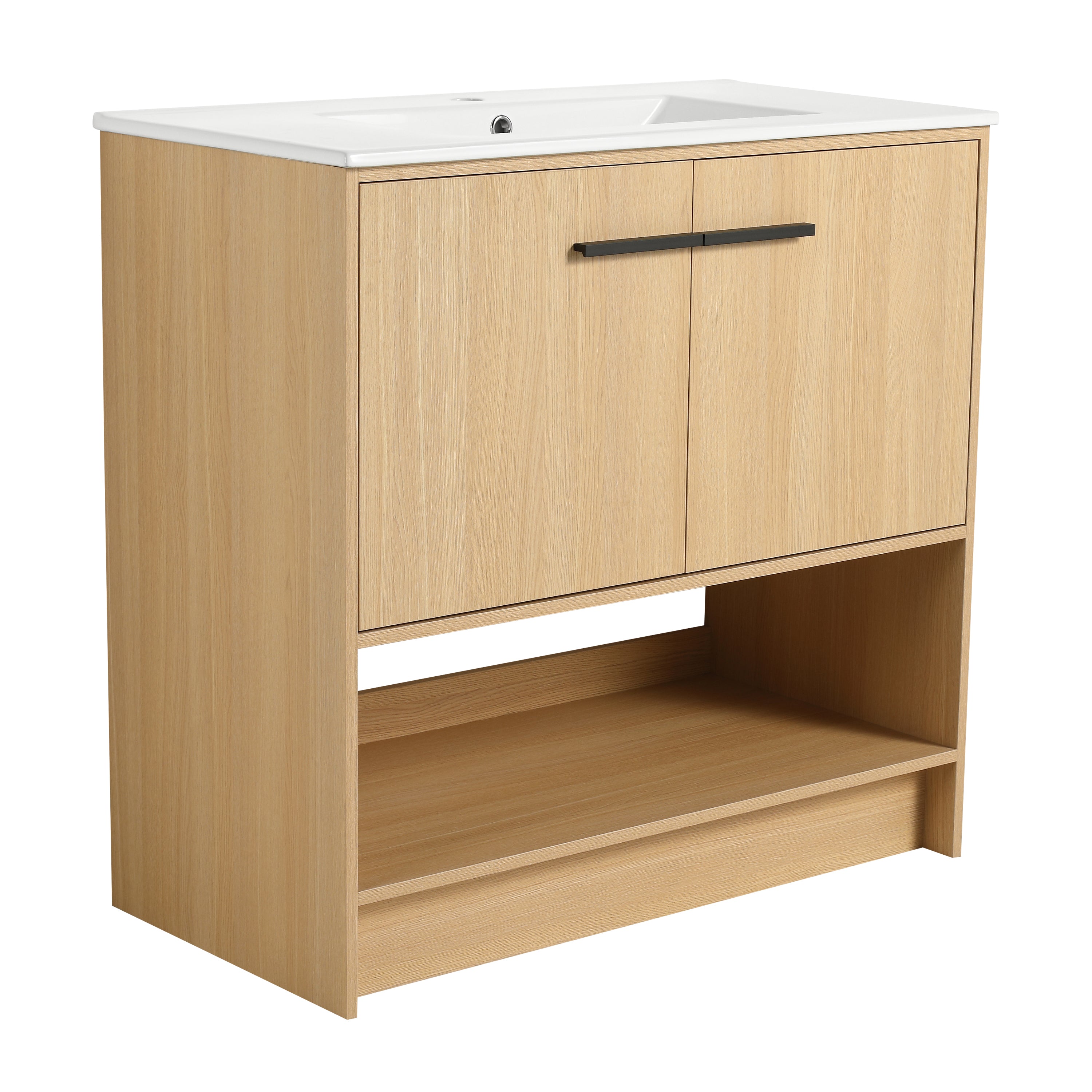 Modern Bathroom Vanity with Ceramic Sink and Soft Closing Doors, Oak Plywood, 36-Inch Freestanding Cabinet