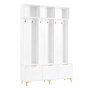 Modern Large Storage Hall Tree with Bench, Multifunctional Storage Bench with High Gloss Fluted Doors, Luxurious Coat Rack with 6 Gold Hooks and Legs for Entryway, Living Room, White