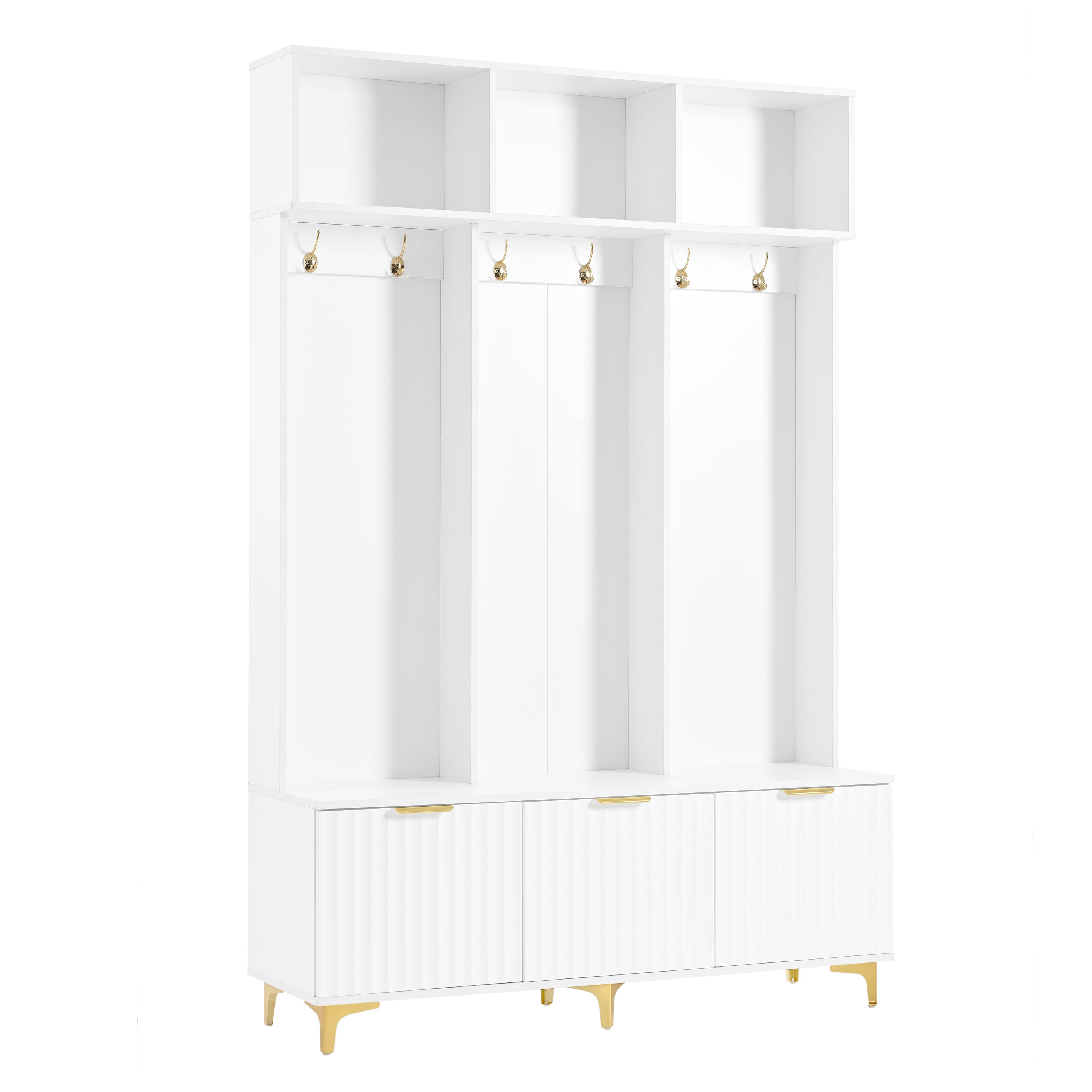 Modern Large Storage Hall Tree with Bench, Multifunctional Storage Bench with High Gloss Fluted Doors, Luxurious Coat Rack with 6 Gold Hooks and Legs for Entryway, Living Room, White