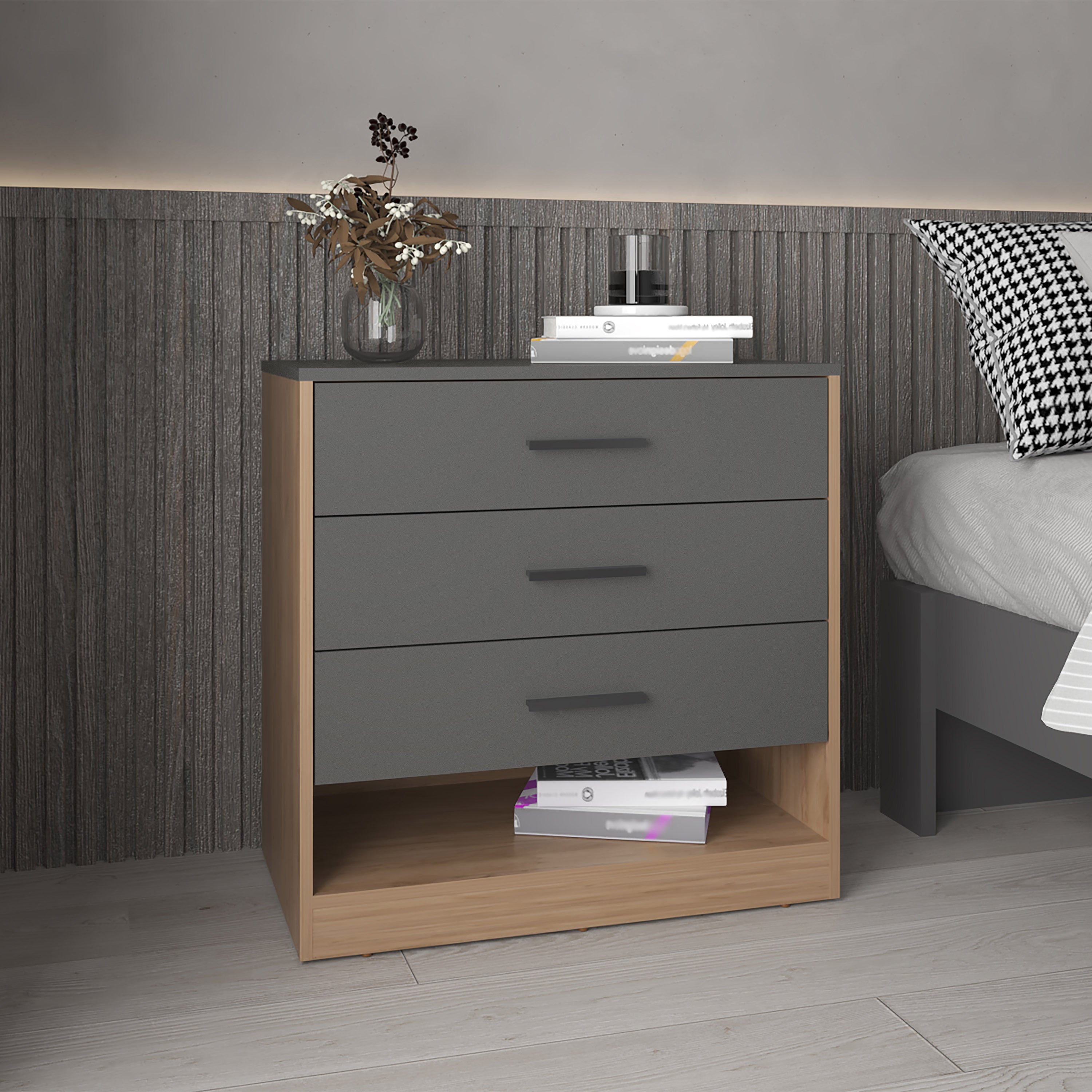 Alder 27' High Three Drawer Dresser And Open Shelf, Bedroom, Entryway, Side Board, Matte Gray - Natural Oak