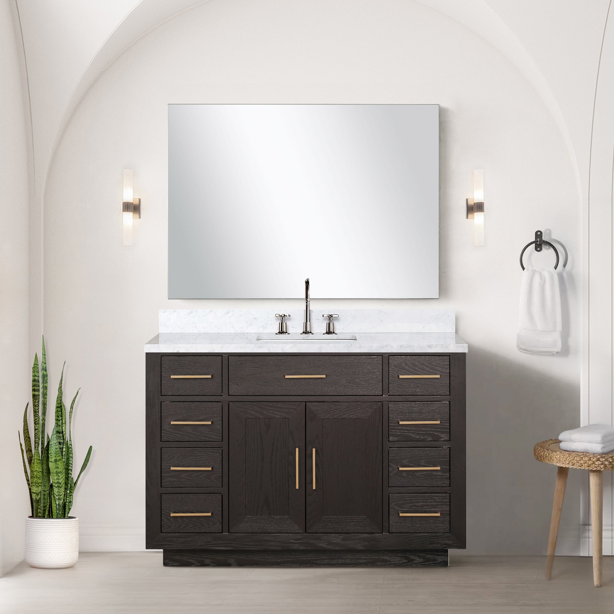 Brown Oak Single Bath Vanity 48 in. W x 22 in. D, Carrara Marble Top, and Faucet Set