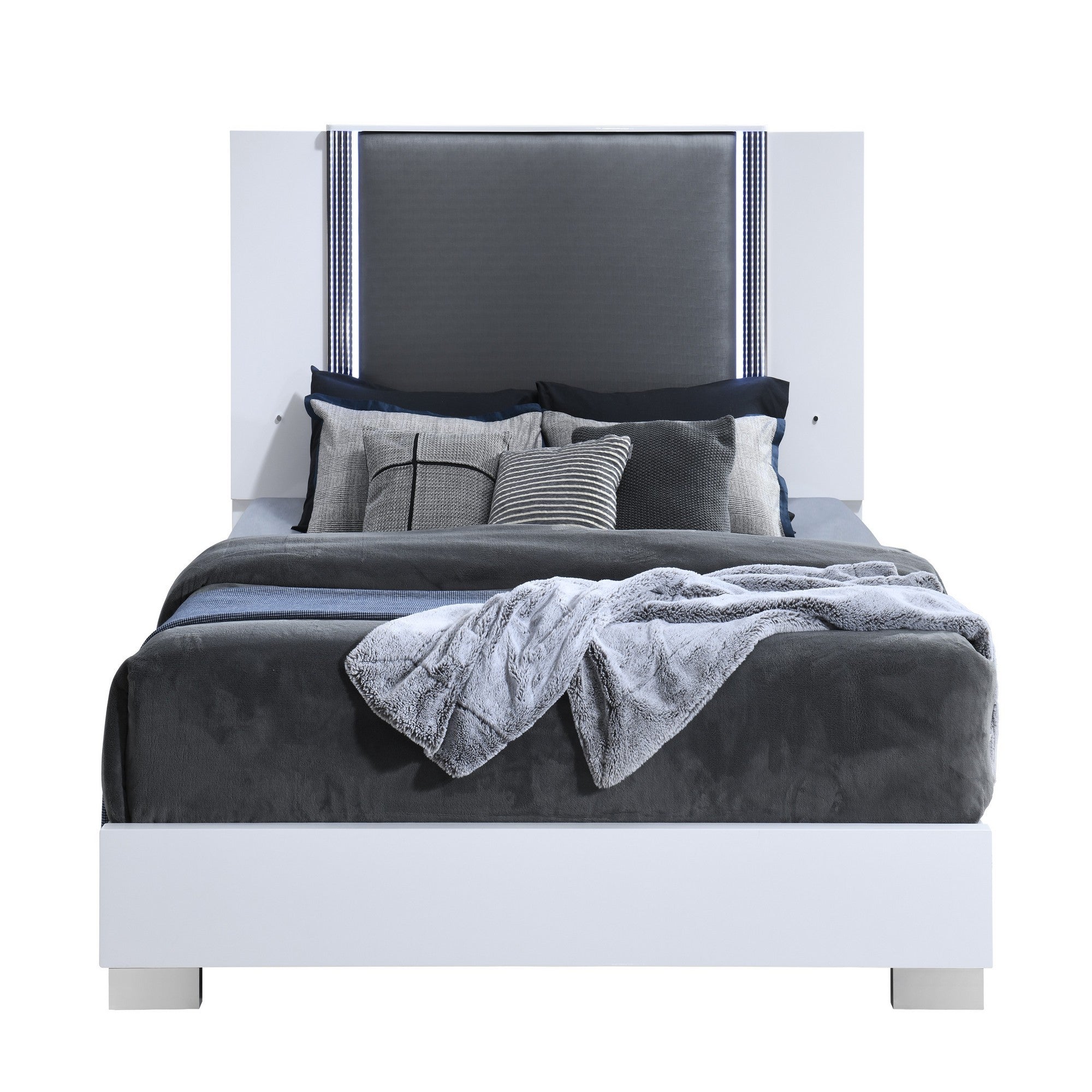 MOON Smooth White King 5PC Bedroom Set with LED Accent and Marble Finish, Solid Wood & MDF