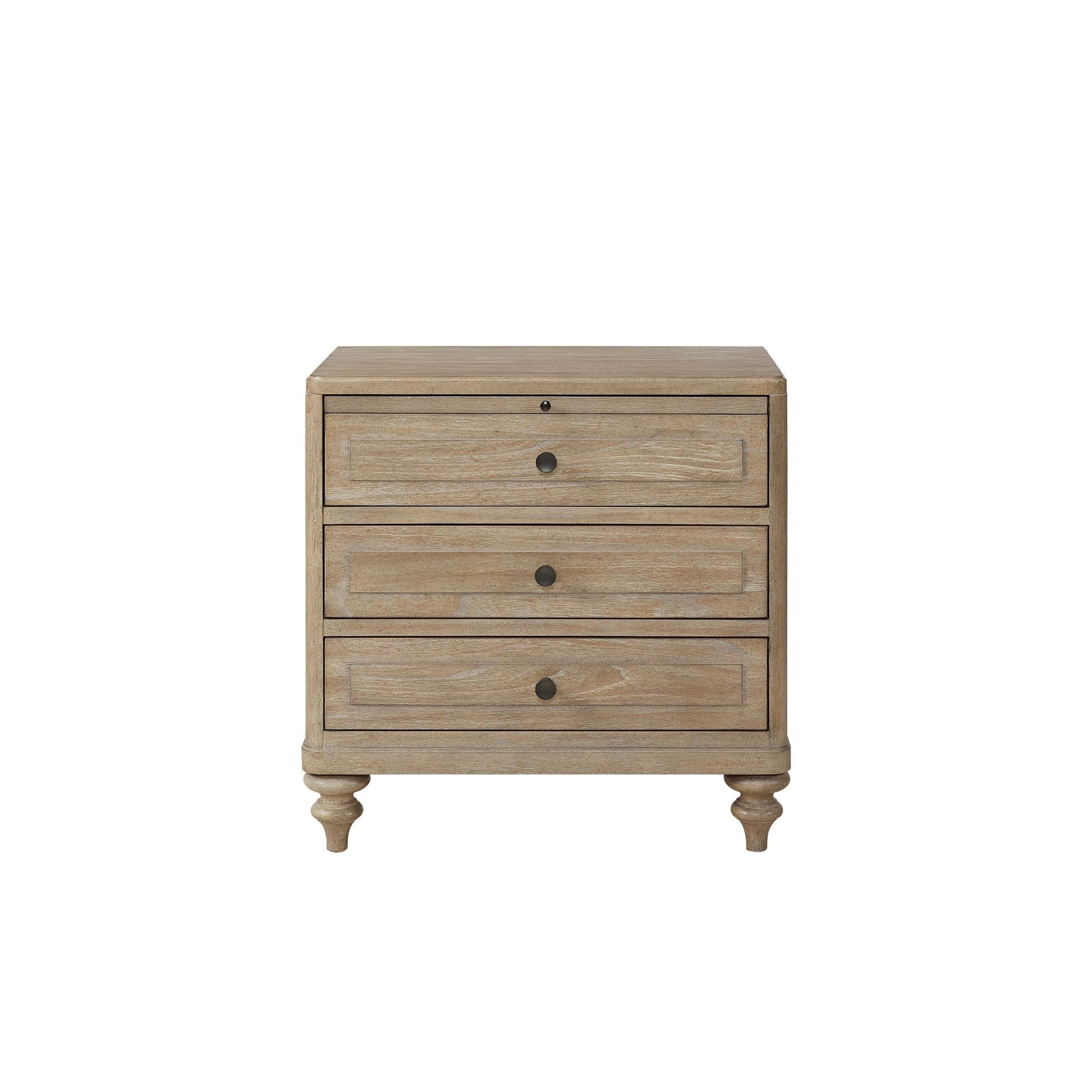 Elegant 3 Drawer Nightstand with USB Ports, Sand Finish, Solid Wood and MDF, 28 inches