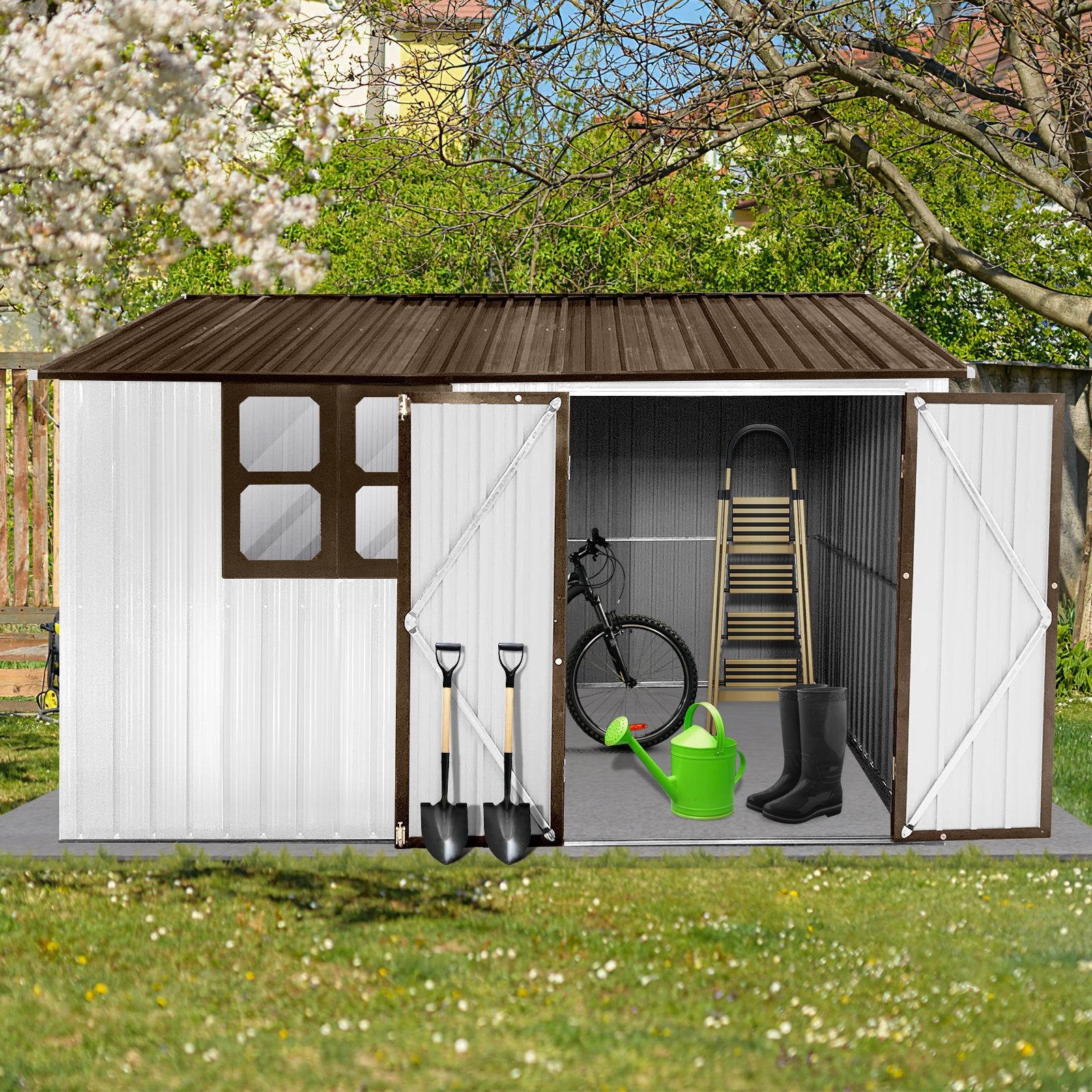 Metal garden sheds 10ftx8ft outdoor storage sheds white+coffee with window