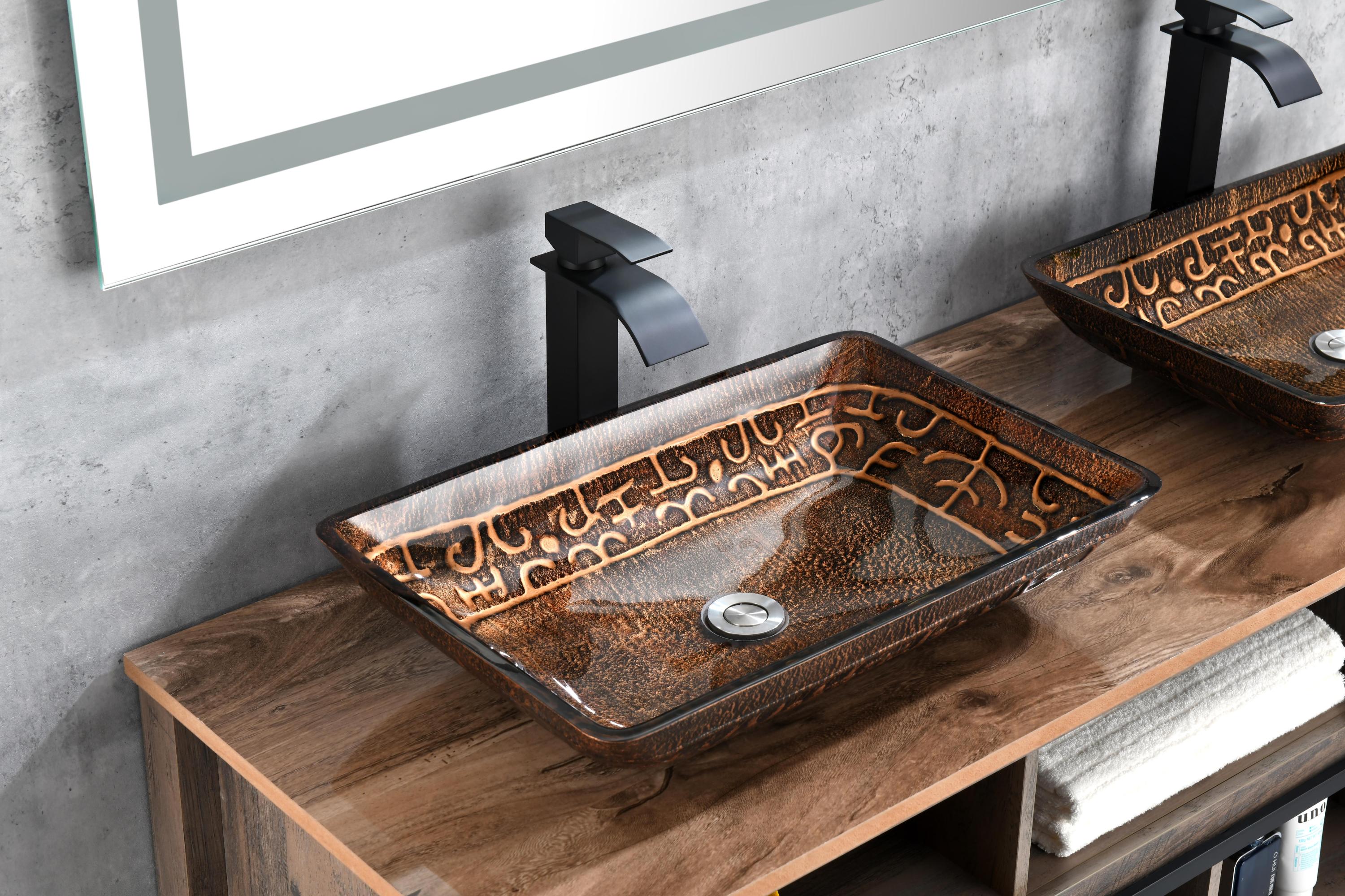 22' L -14' W -4' H Handmade Glass Rectangle Vessel Bathroom Sink in Brown and Gold Fusion Finish with Faucet and Pop-Up Drain in Matte Black