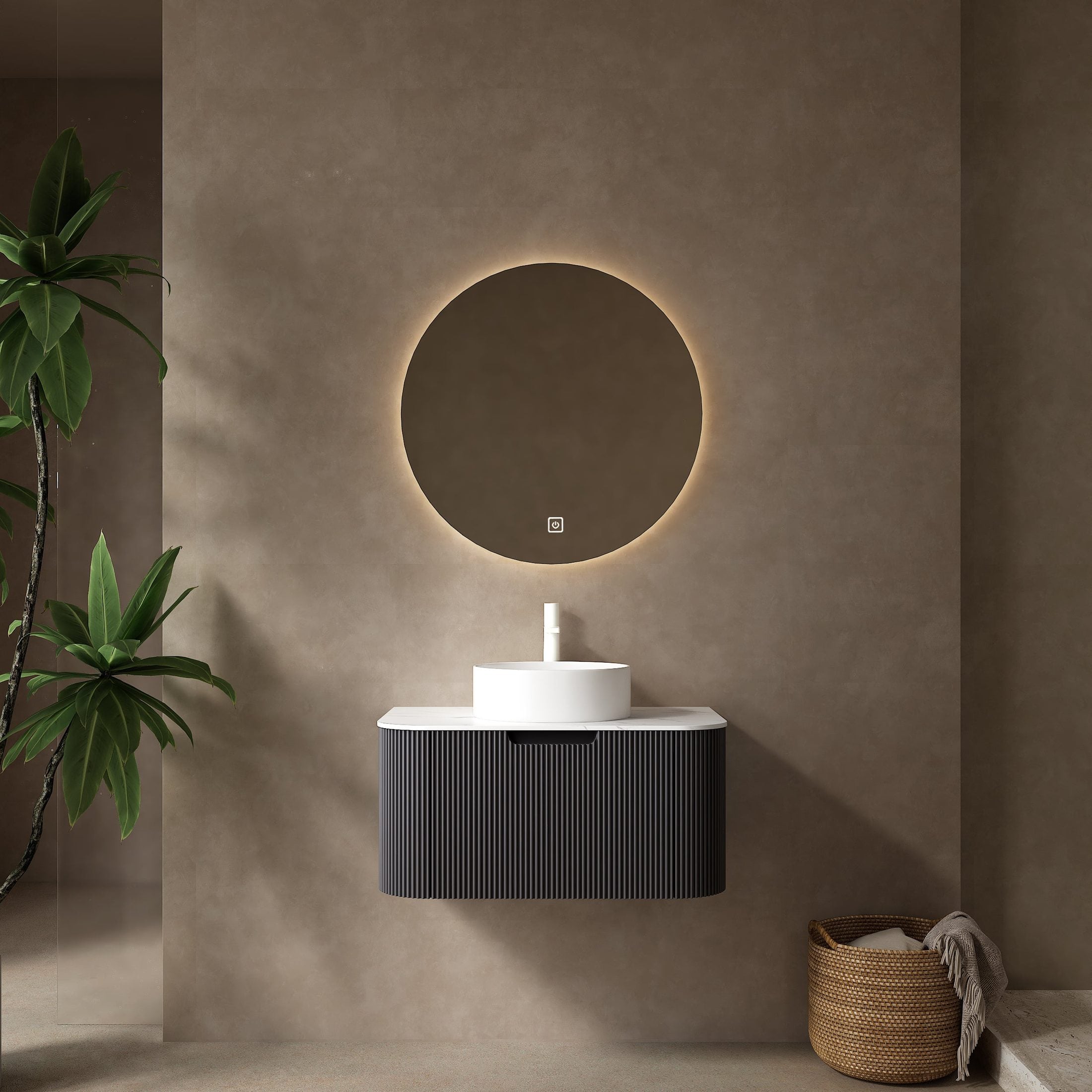 DINA 30' Bathroom Vanity with Sink, Modern Wall-Mounted Floating Curved Edges Striped Bathroom Storage Cabinet with a Drawer, White Round Ceramic Basin without Faucet, Pre-assembled, Black Color