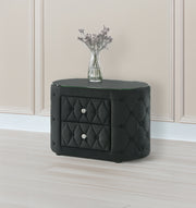 Luxurious 1pc Oval Nightstand Plush Tufted Upholstery 8mm Tempered Glass Top Rounded Sides Two Storage Drawers Sparkling Knobs Wooden Bedroom Furniture Black
