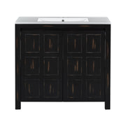 Retro Espresso Bathroom Vanity Organizer with Ceramic Sink, Handcrafted Solid Wood Storage Cabinet, 36-Inch