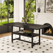 A 71 * 35.4 inch dining table with a tabletop cleverly pieced together by four black textured MDF boards. There is a 43.3 * 19.7 storage platform below the desktop. Very suitable for family gatherings