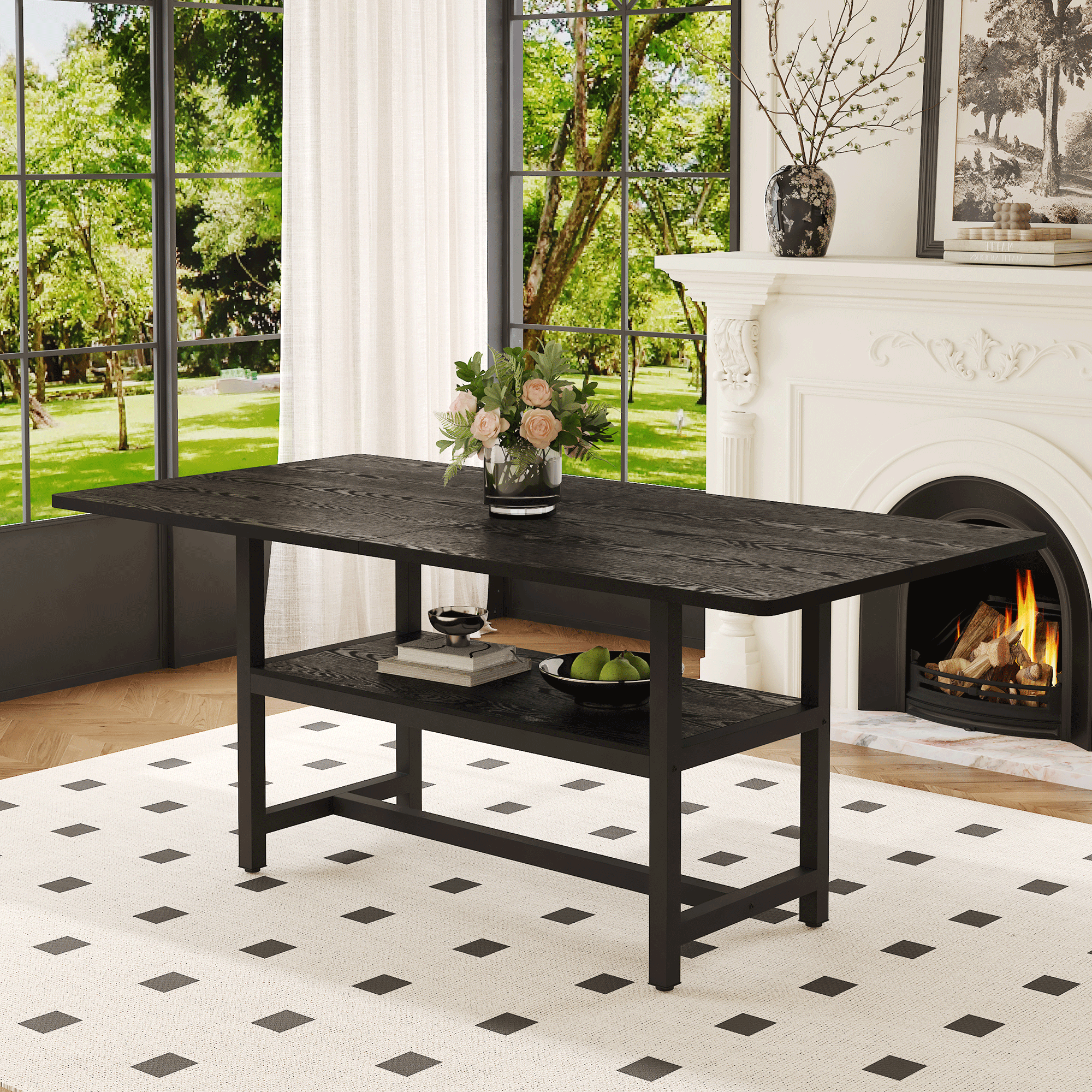 A 71 * 35.4 inch dining table with a tabletop cleverly pieced together by four black textured MDF boards. There is a 43.3 * 19.7 storage platform below the desktop. Very suitable for family gatherings