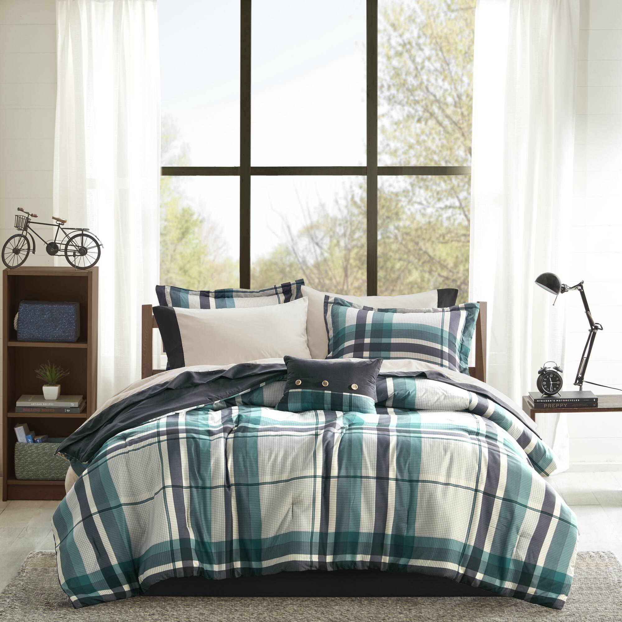 7 PCS Twin XL Plaid Comforter Set with Bed Sheets Teal/Black