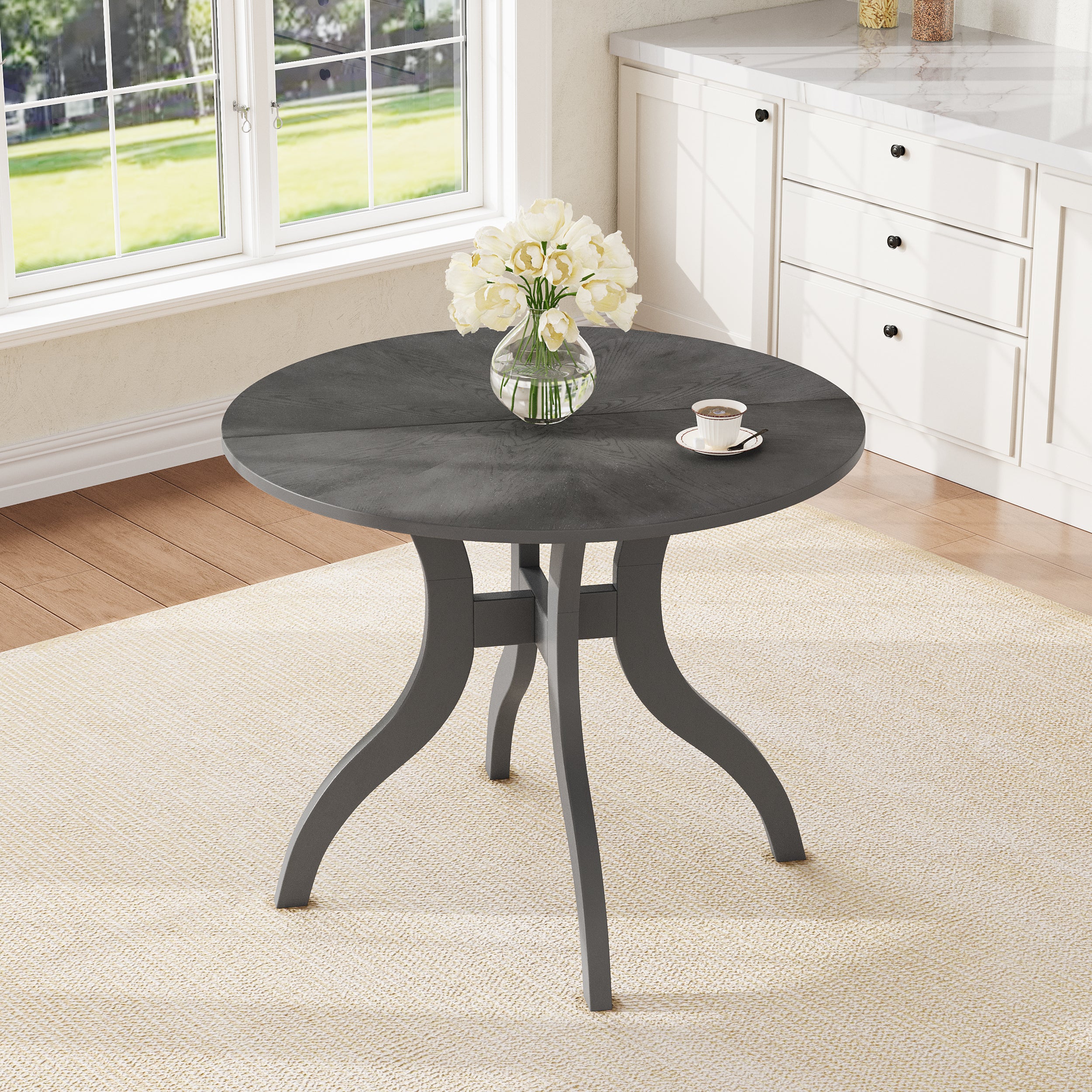 Oak Gray Round Dining Table 39.4' – Traditional Solid Wood Legs, Timeless Elegance, Ideal Focal Point for Family Gatherings