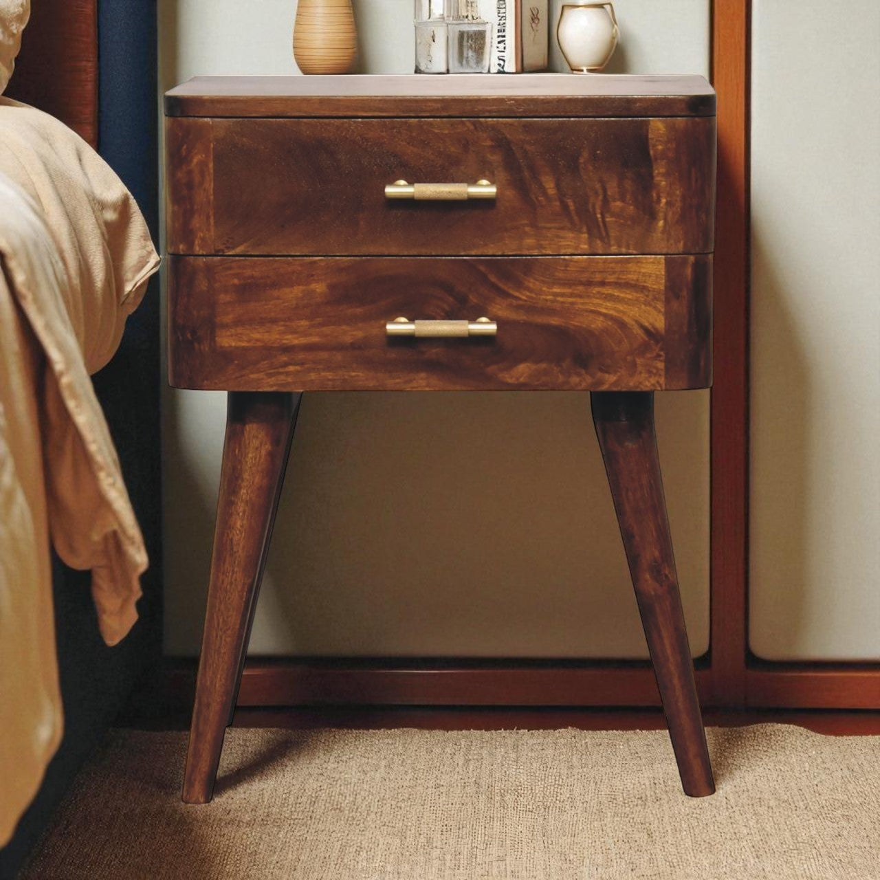 Solid Wood Chestnut T-Bar Nightstand, 2-Drawers, Nordic Legs, Dark Brown