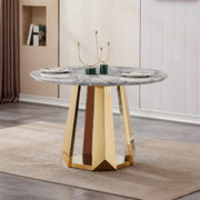 47' Round Marble Dining Table, Modern Kitchen Table with High Gloss Faux Marble Tabletop and Stainless Steel Base for Dining Room, Kitchen (Gold,Gray)(only table)