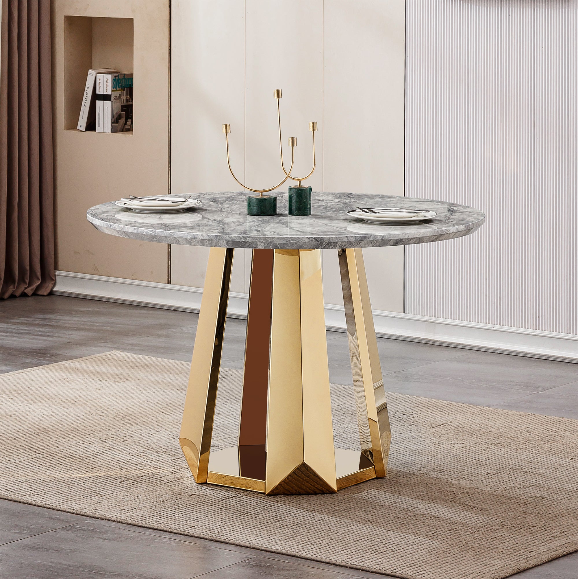 47' Round Marble Dining Table, Modern Kitchen Table with High Gloss Faux Marble Tabletop and Stainless Steel Base for Dining Room, Kitchen (Gold,Gray)(only table)