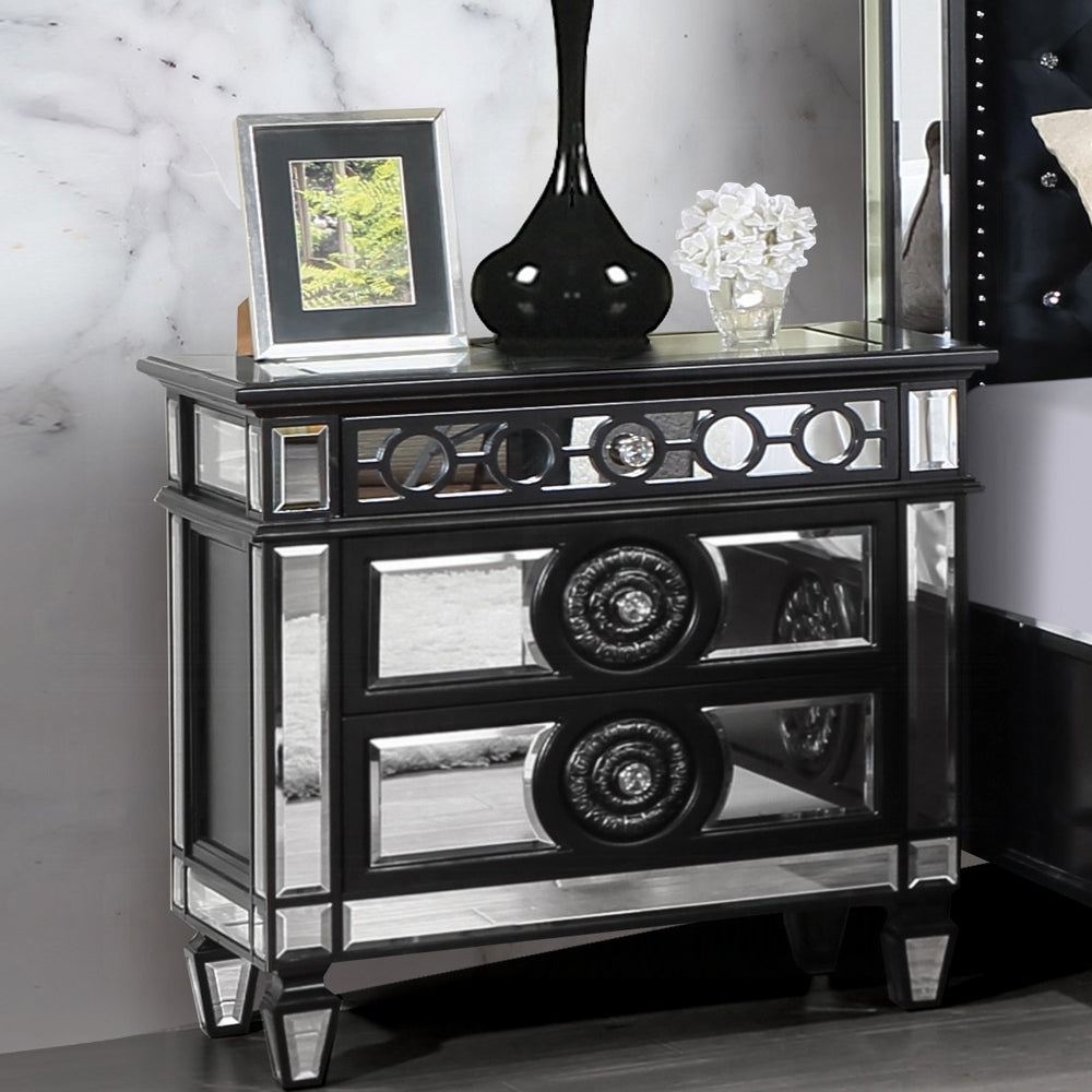 Glam Luxury Bedroom Black and Mirrored Finish Nightstand with 2 Drawers Wooden Furniture 1pc