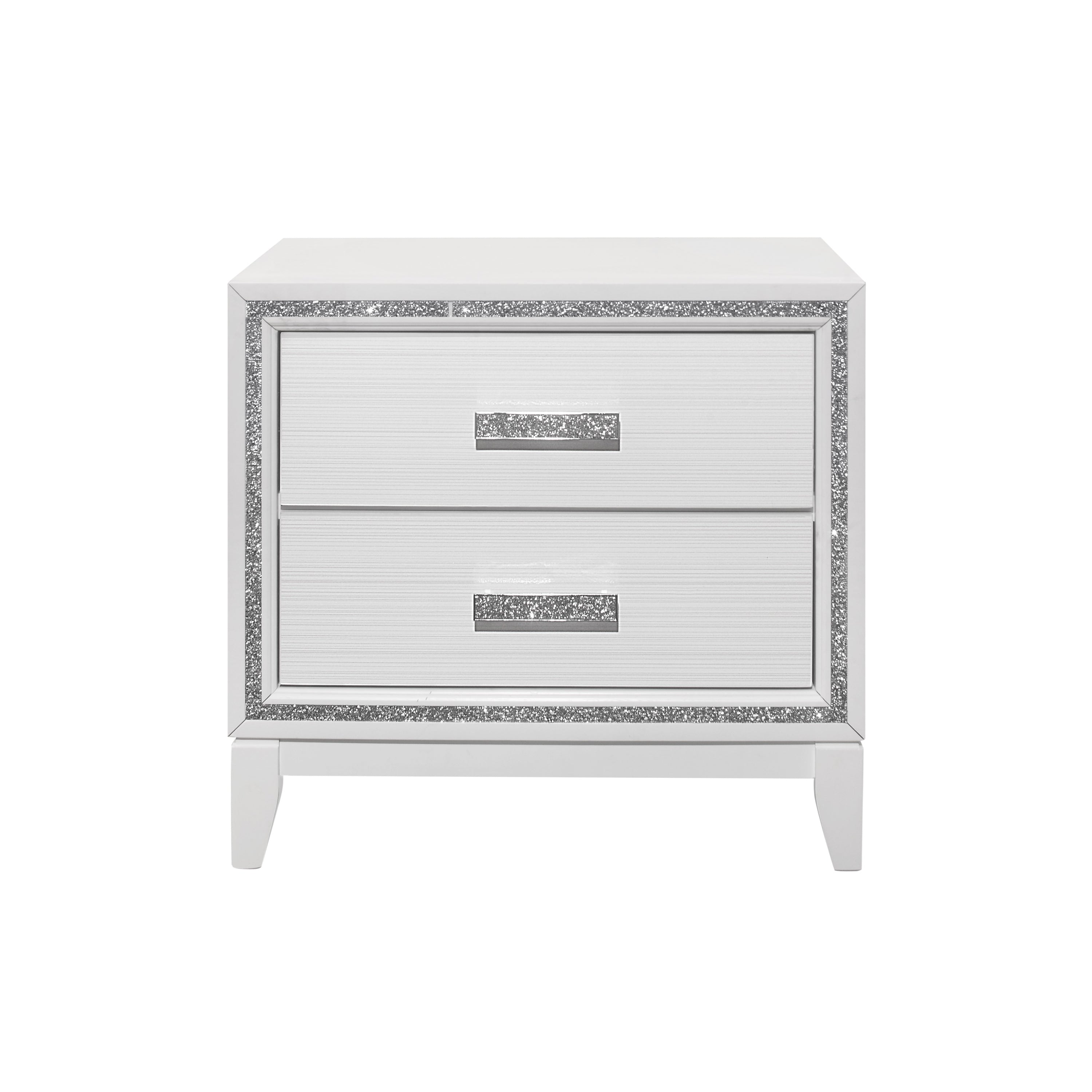 ALMERA Glam Glitter White Nightstand with 2-Drawer Storage and Crystal Handles