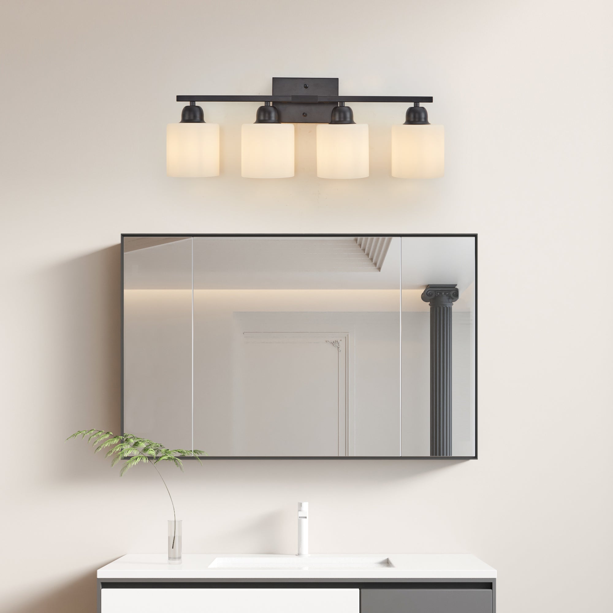 Black Bathroom Light Fixtures, 4-Light Modern Vanity Light Over Mirror, Wall Sconces with Milky White Frosted Glass Shades, E26 Socket (Bulbs Not Included)
