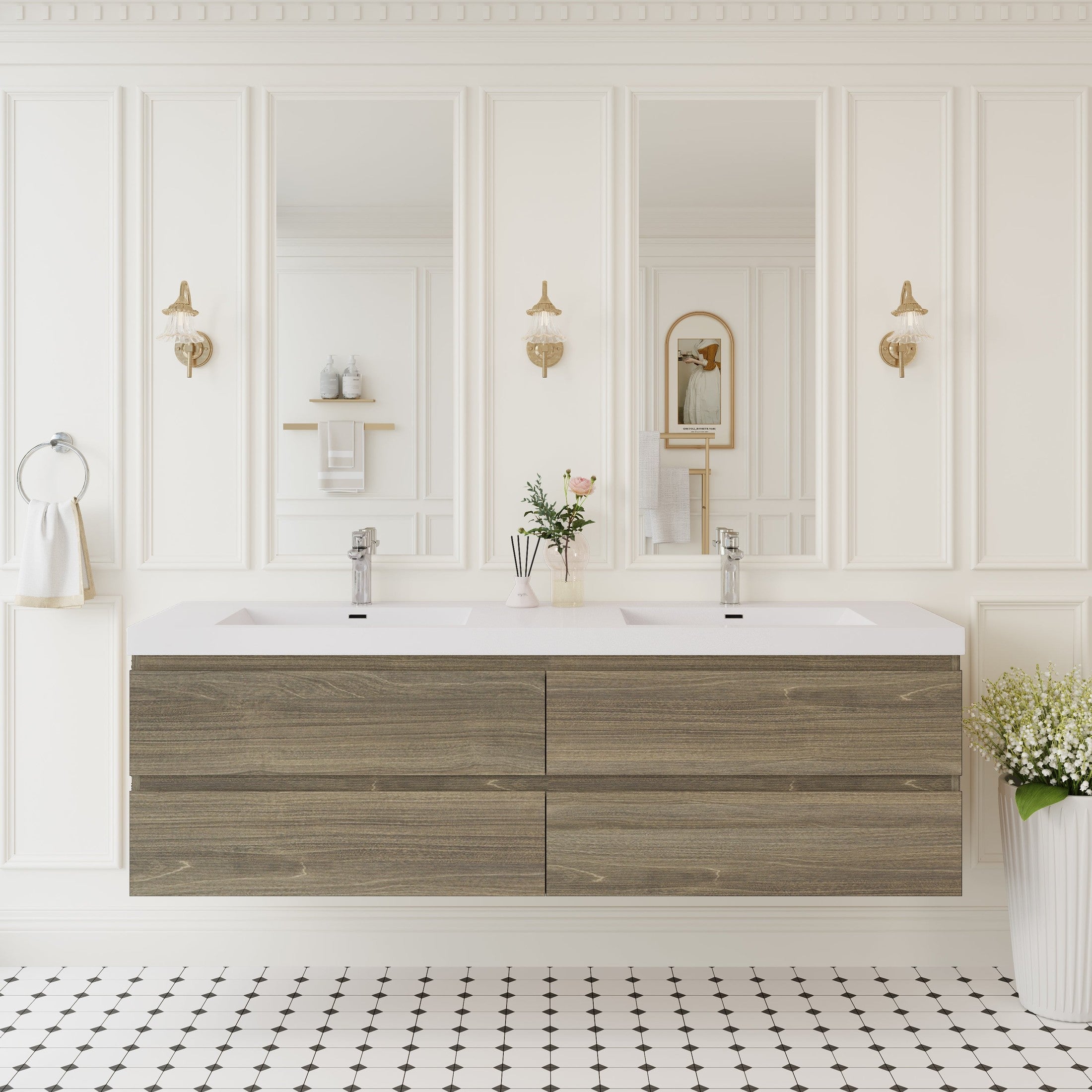 72' Floating Bathroom Vanity with Sink, Modern Wall-Mounted Bathroom Storage Vanity Cabinet with Solid Surface Top Basin, Two Sinks Four Soft Close Drawers, Ash Grey 24V11-72AG