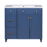 Modern 36' Bathroom Vanity with Ceramic Sink, Soft Close Doors, Adjustable Shelves, Blue Solid Wood+MDF
