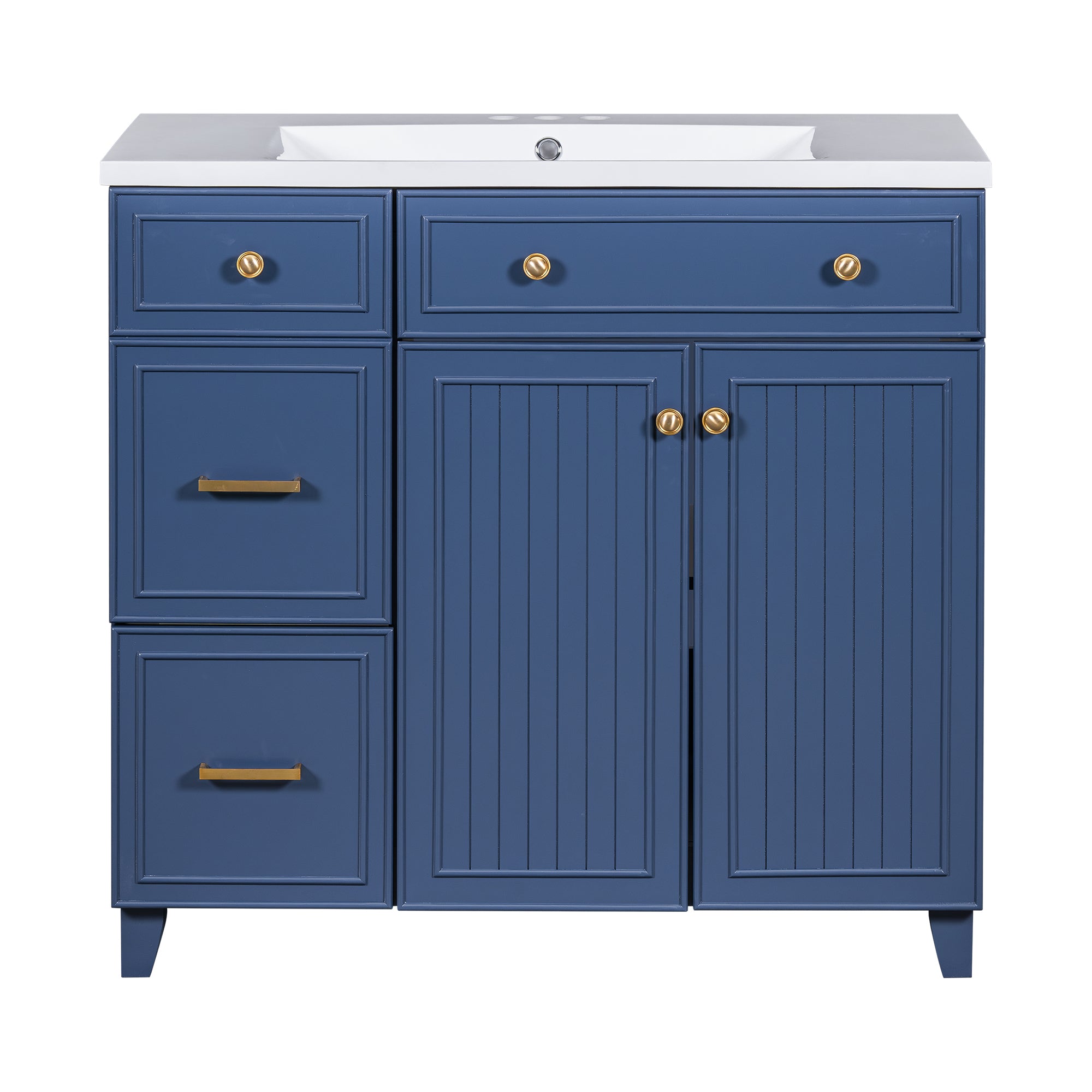 Modern 36' Bathroom Vanity with Ceramic Sink, Soft Close Doors, Adjustable Shelves, Blue Solid Wood+MDF