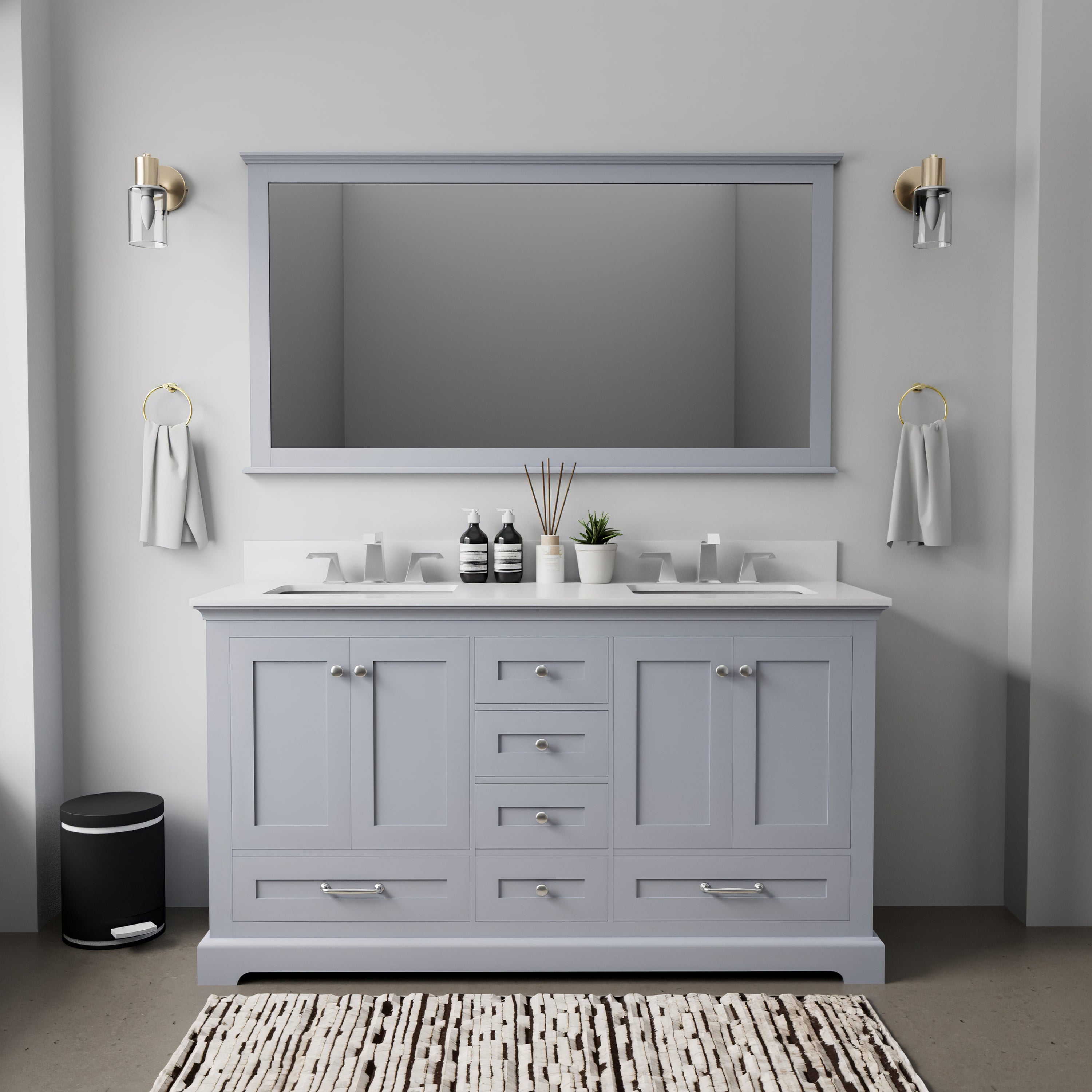Dark Grey Double Bath Vanity 60 in. W x 22 in. D, White Quartz Top, and Faucet Set