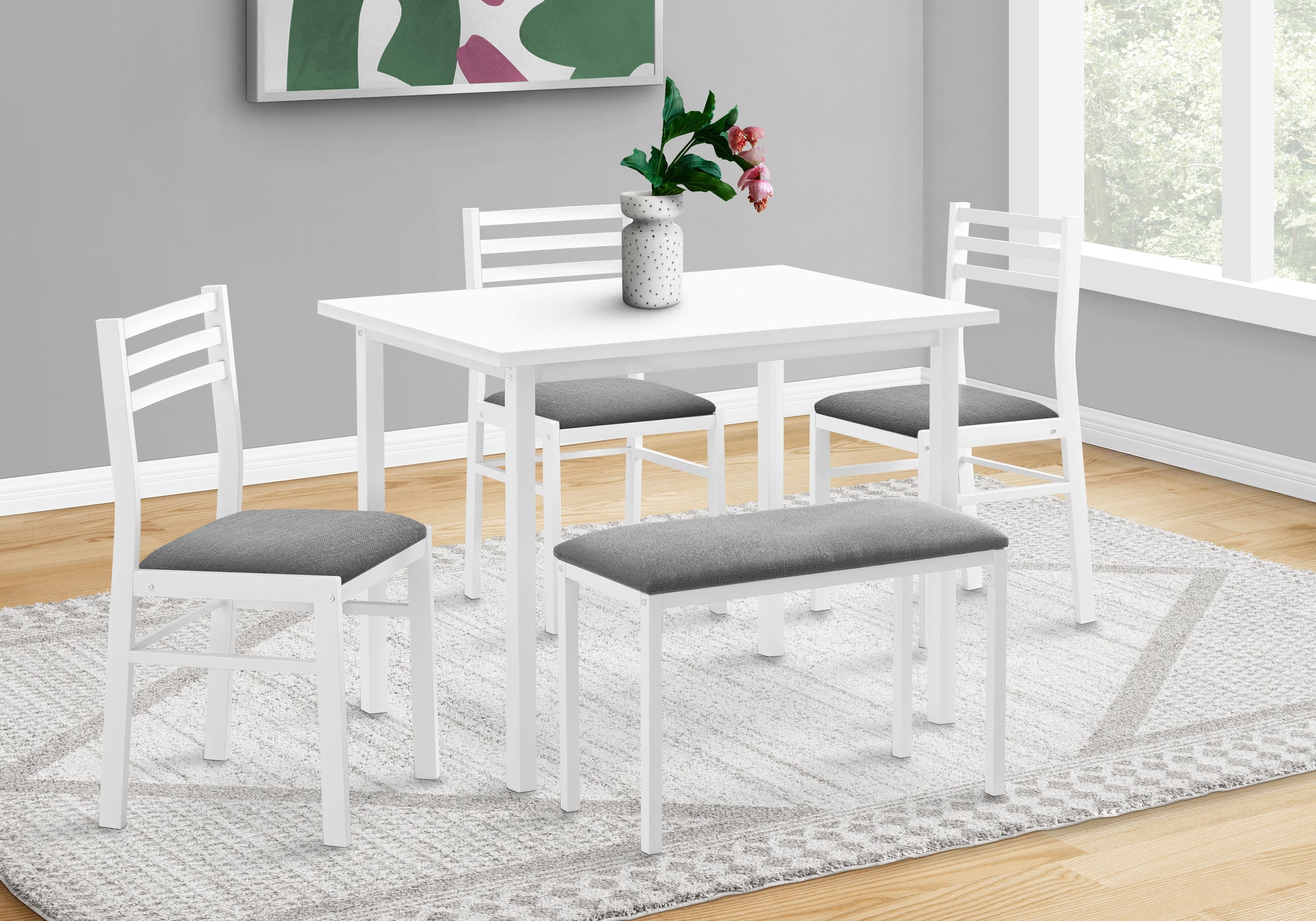 Dining Set, 5pcs Set, 40' Rectangular, Kitchen, Small, White Metal And Laminate, Grey Fabric, Contemporary, Modern
