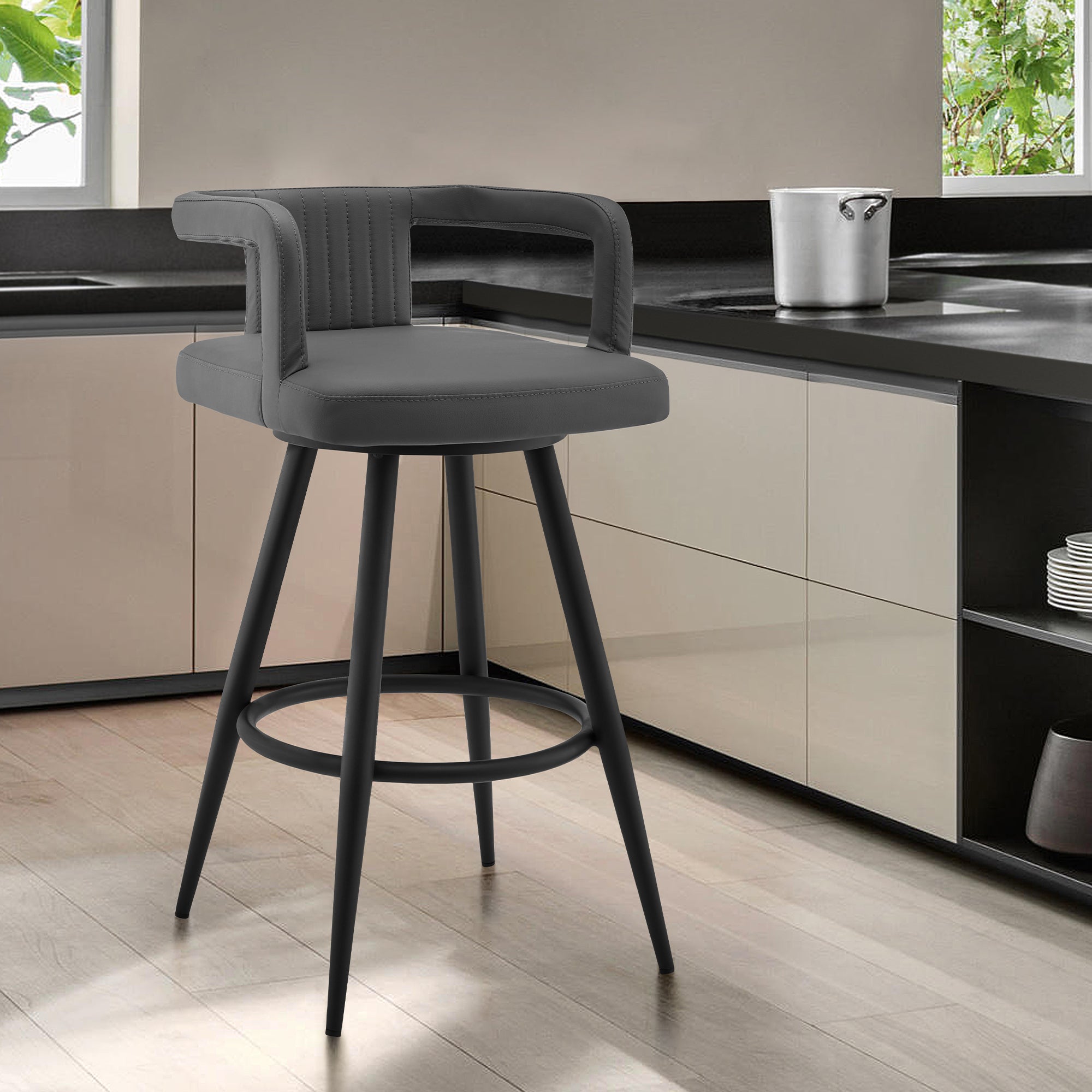Gabriele 30' Gray Faux Leather and Black Metal Swivel Bar Stool