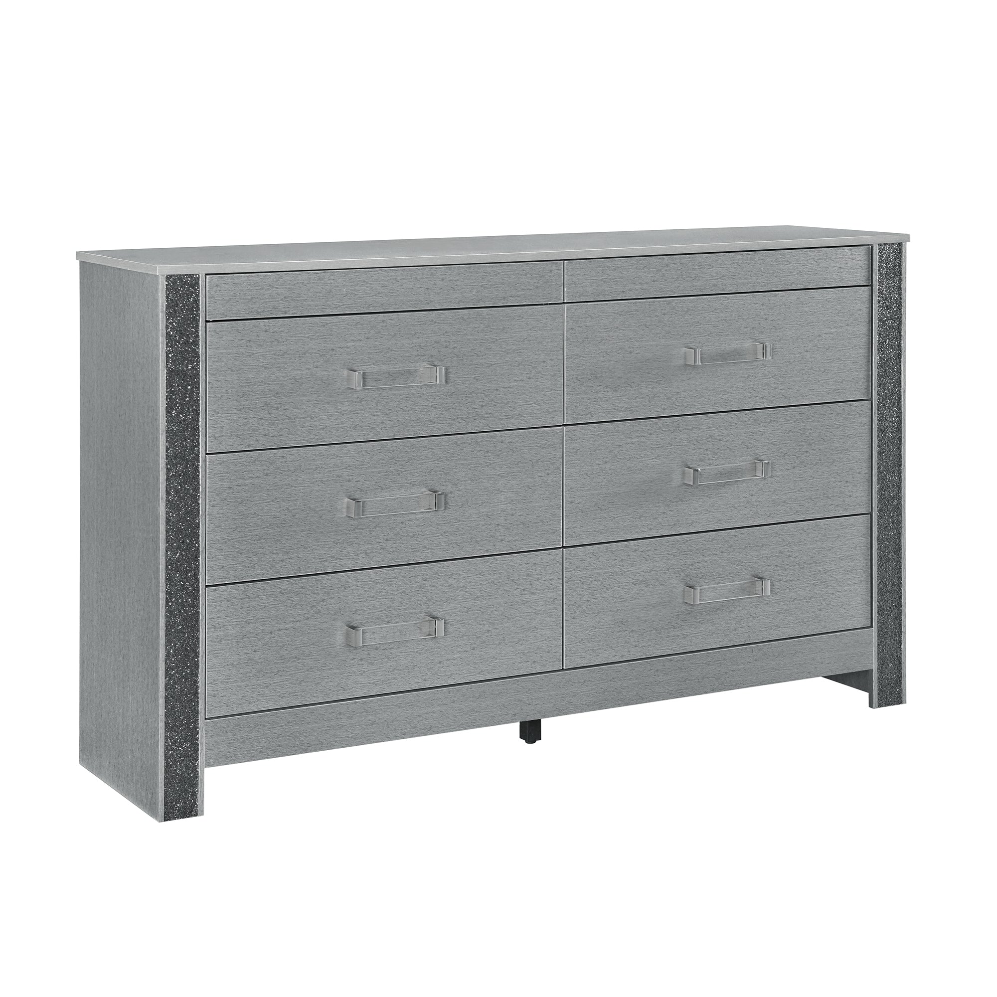 Lorenzo Modern Silver Dresser with Hidden Jewelry Compartment and Acrylic Bar Handles in Rubber Wood