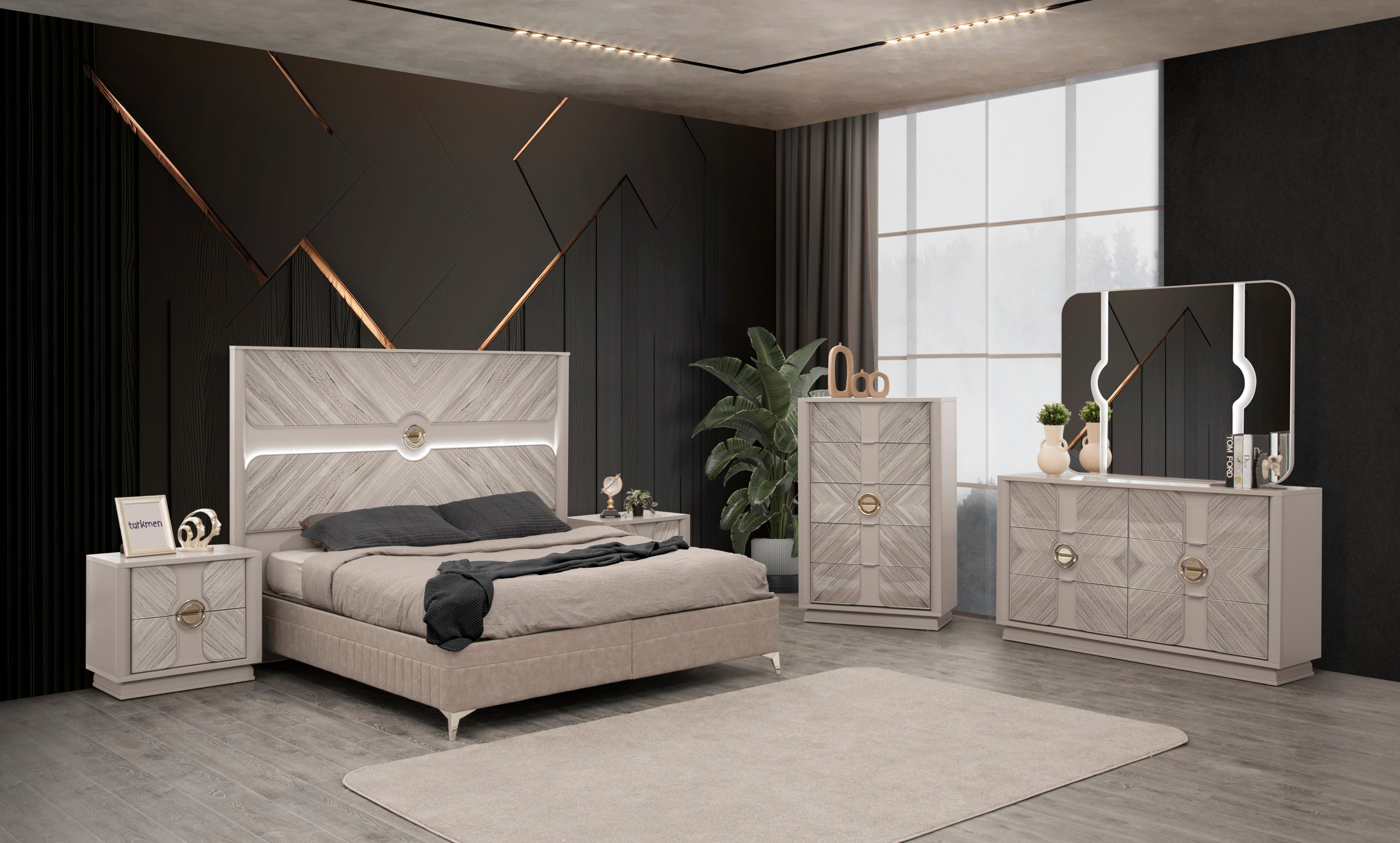 Eternity Traditional Style 5 Pc King Bedroom Set Made with Wood and Gold Accents in Beige(CA INVENTORY)