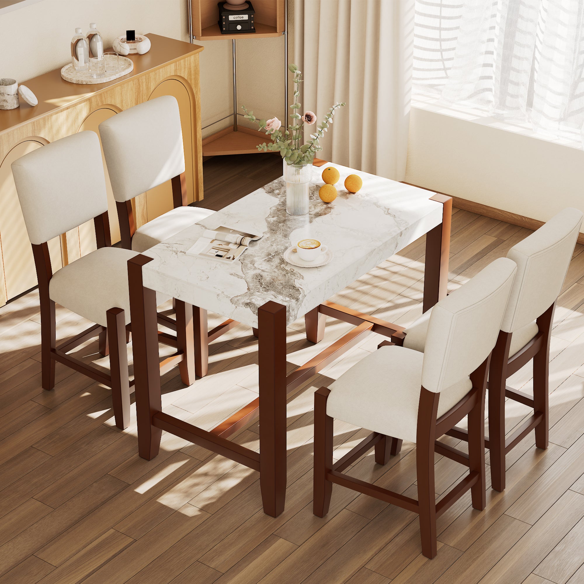 5-Piece Counter Height Dining Table Set for 4, Faux Marble Bar Table and 4 Upholstered-Seat Chairs, Mid-century Modern Dining Set for Dining Room, Pub Kitchen, Small Place (N752S000086A)