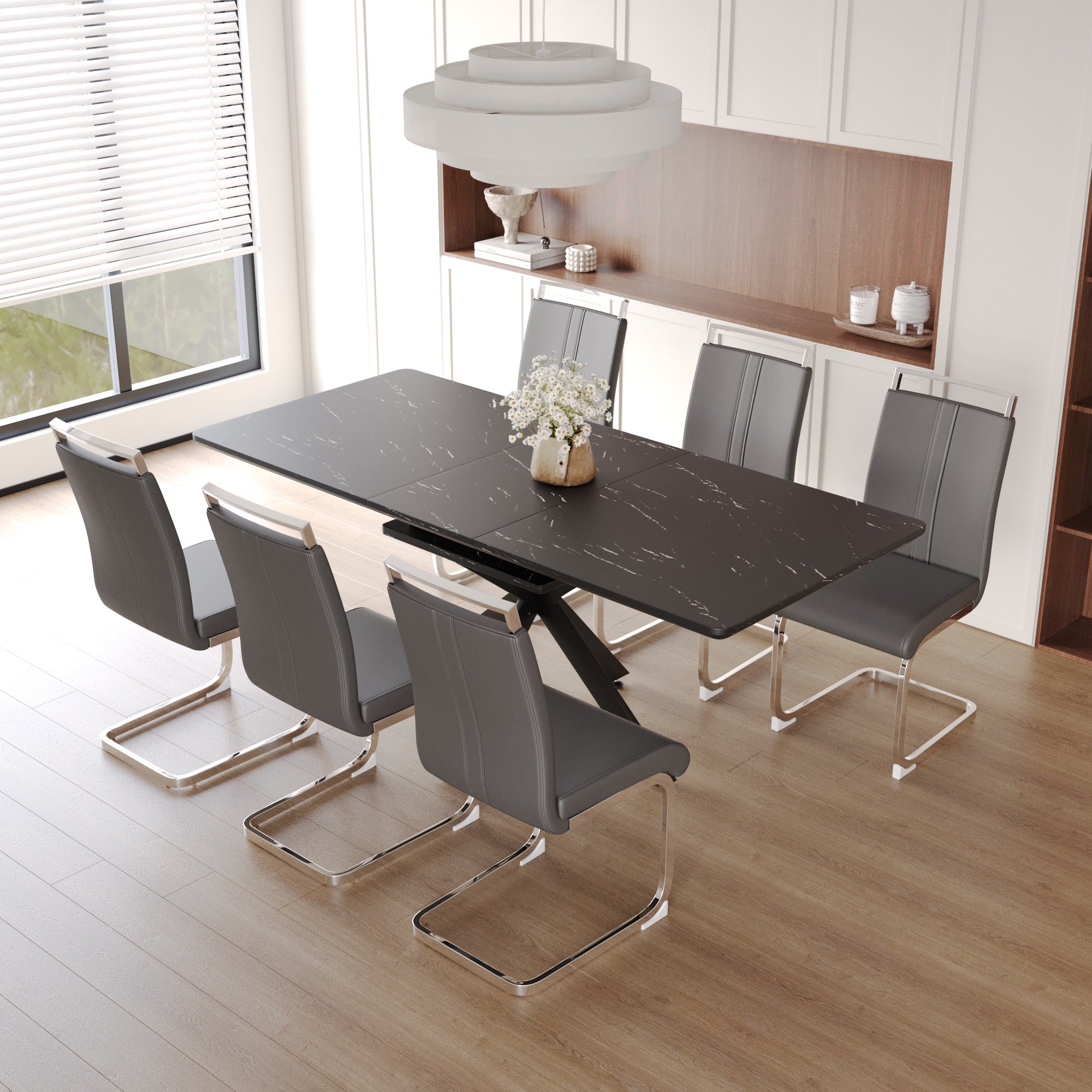 62.4' extendable 78.15' dining Table Set for 6-8 Person for Dining Room,C-shaped Tube Soft padded armless dining chair and Very large Dining Room Table Kitchen Table Chair Set with metal Legs